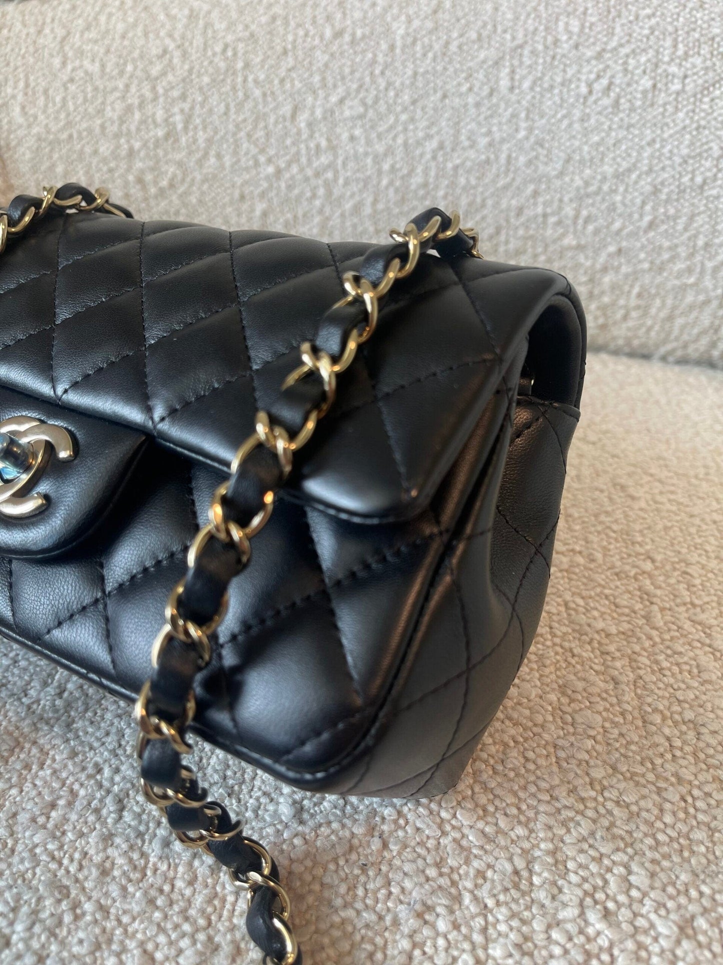 21K Black Lambskin Quilted Mini Rectangular Single Flap Light Gold Hardware