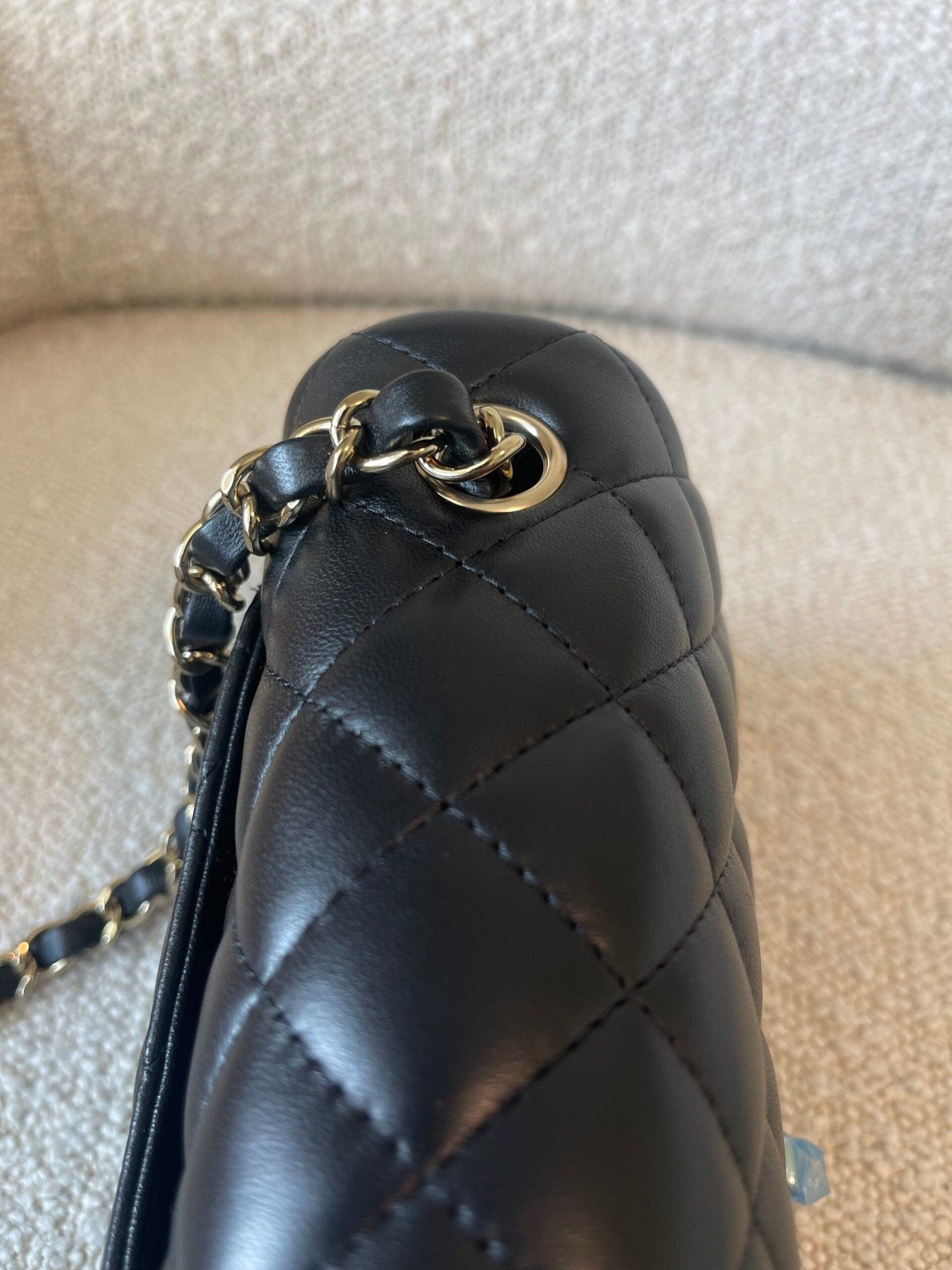 21K Black Lambskin Quilted Mini Rectangular Single Flap Light Gold Hardware