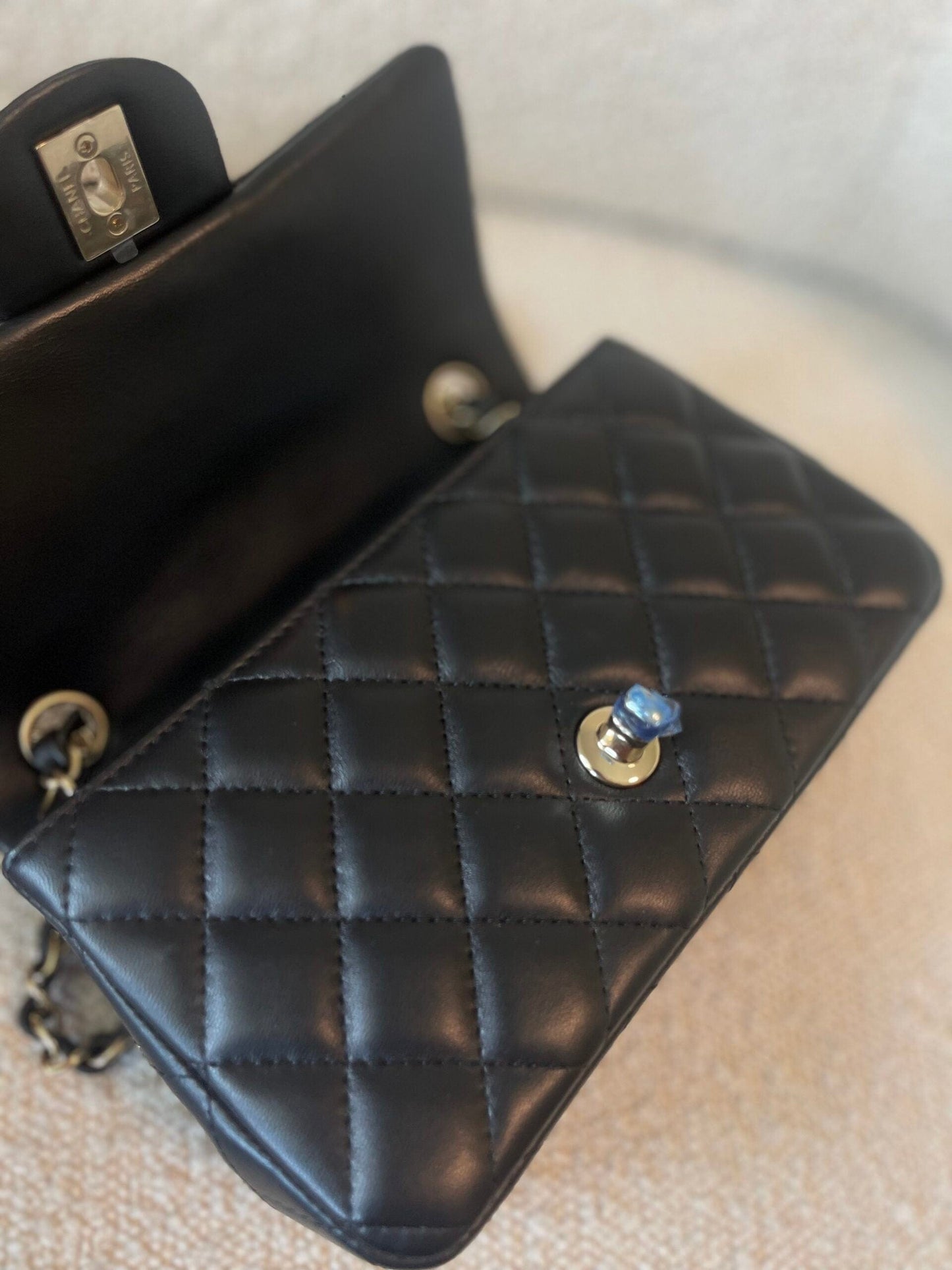 21K Black Lambskin Quilted Mini Rectangular Single Flap Light Gold Hardware