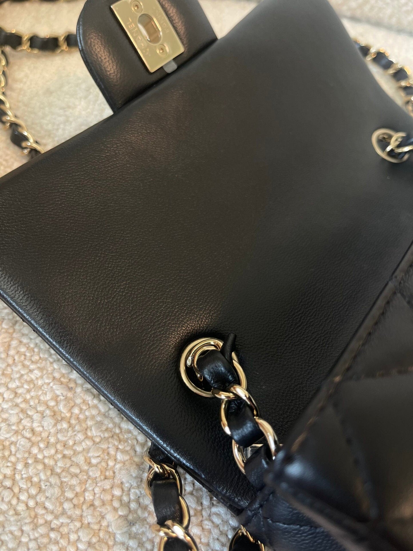 21K Black Lambskin Quilted Mini Rectangular Single Flap Light Gold Hardware