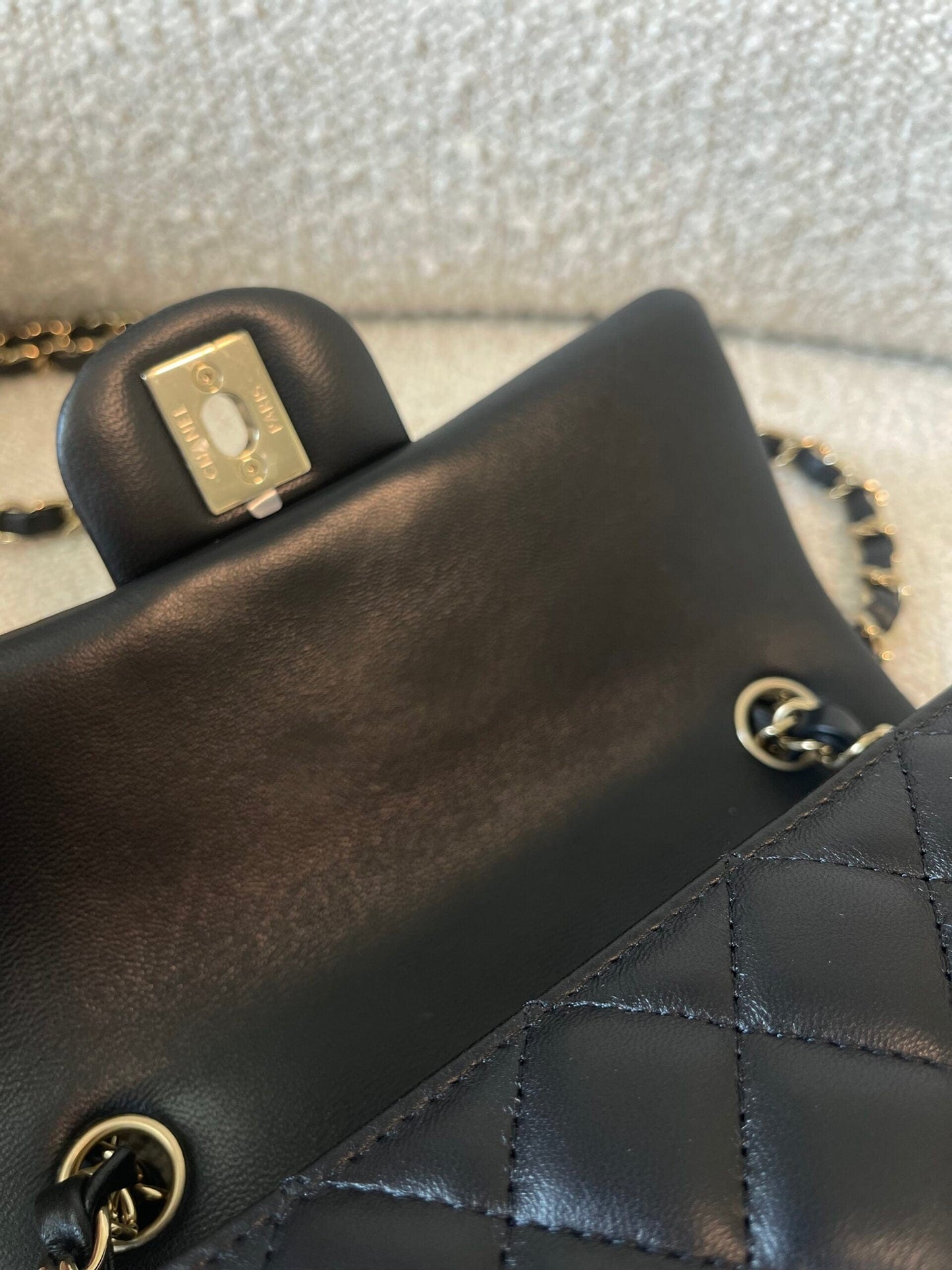 21K Black Lambskin Quilted Mini Rectangular Single Flap Light Gold Hardware