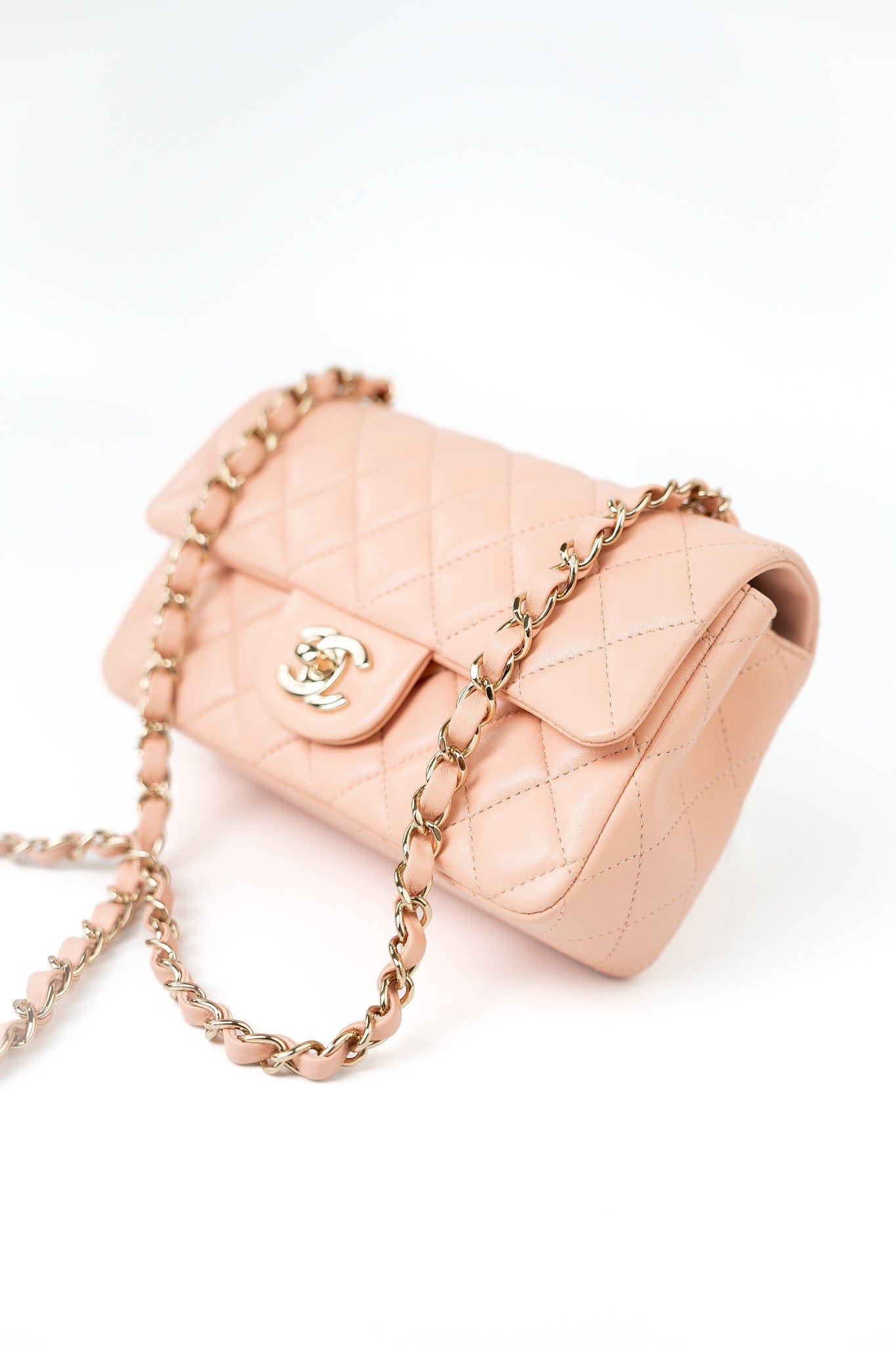 21P Rose Clair Pink/ Beige Lambskin Quilted Mini Rectangular Flap Light Gold Hardware