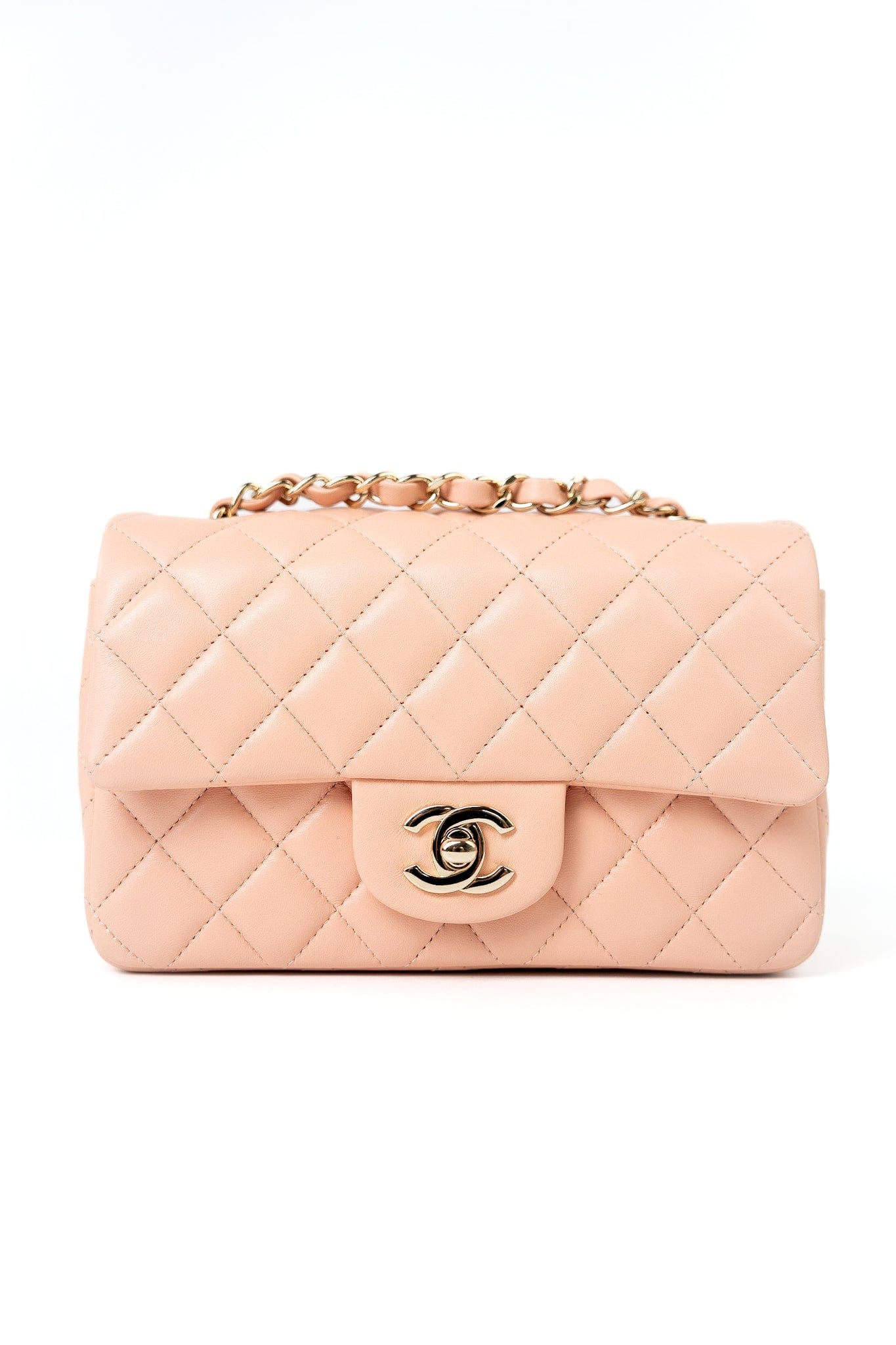 21P Rose Clair Pink/ Beige Lambskin Quilted Mini Rectangular Flap Light Gold Hardware