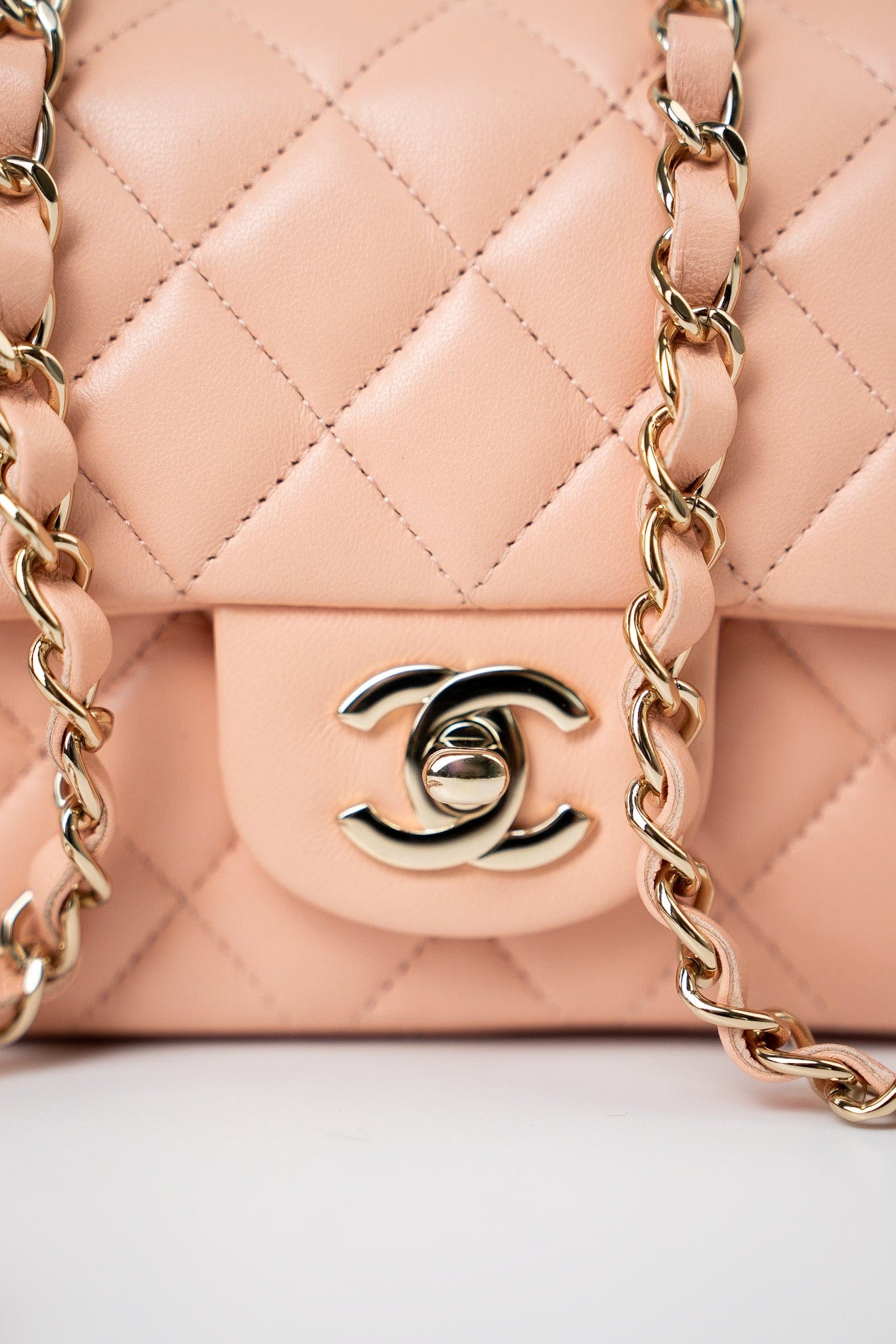 21P Rose Clair Pink/ Beige Lambskin Quilted Mini Rectangular Flap Light Gold Hardware