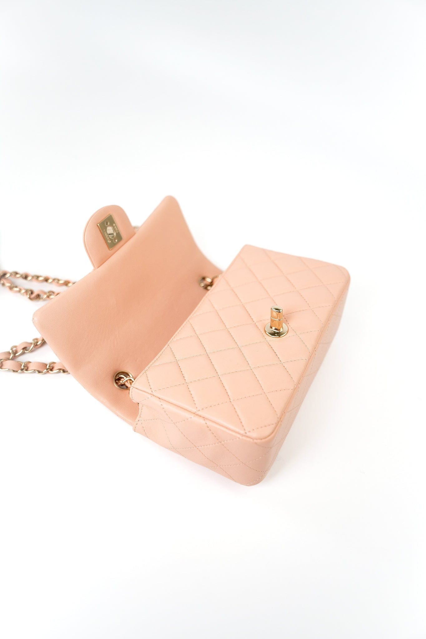 21P Rose Clair Pink/ Beige Lambskin Quilted Mini Rectangular Flap Light Gold Hardware