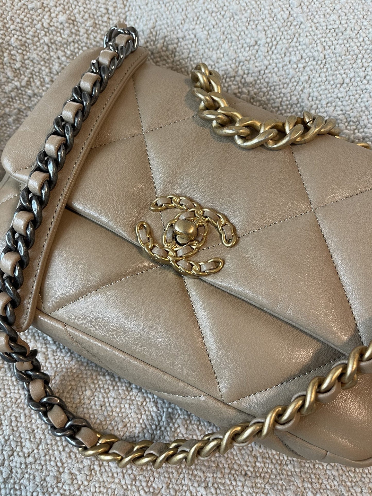 21S Beige Lambskin Quilted 19 Flap Small Mixed Hardware