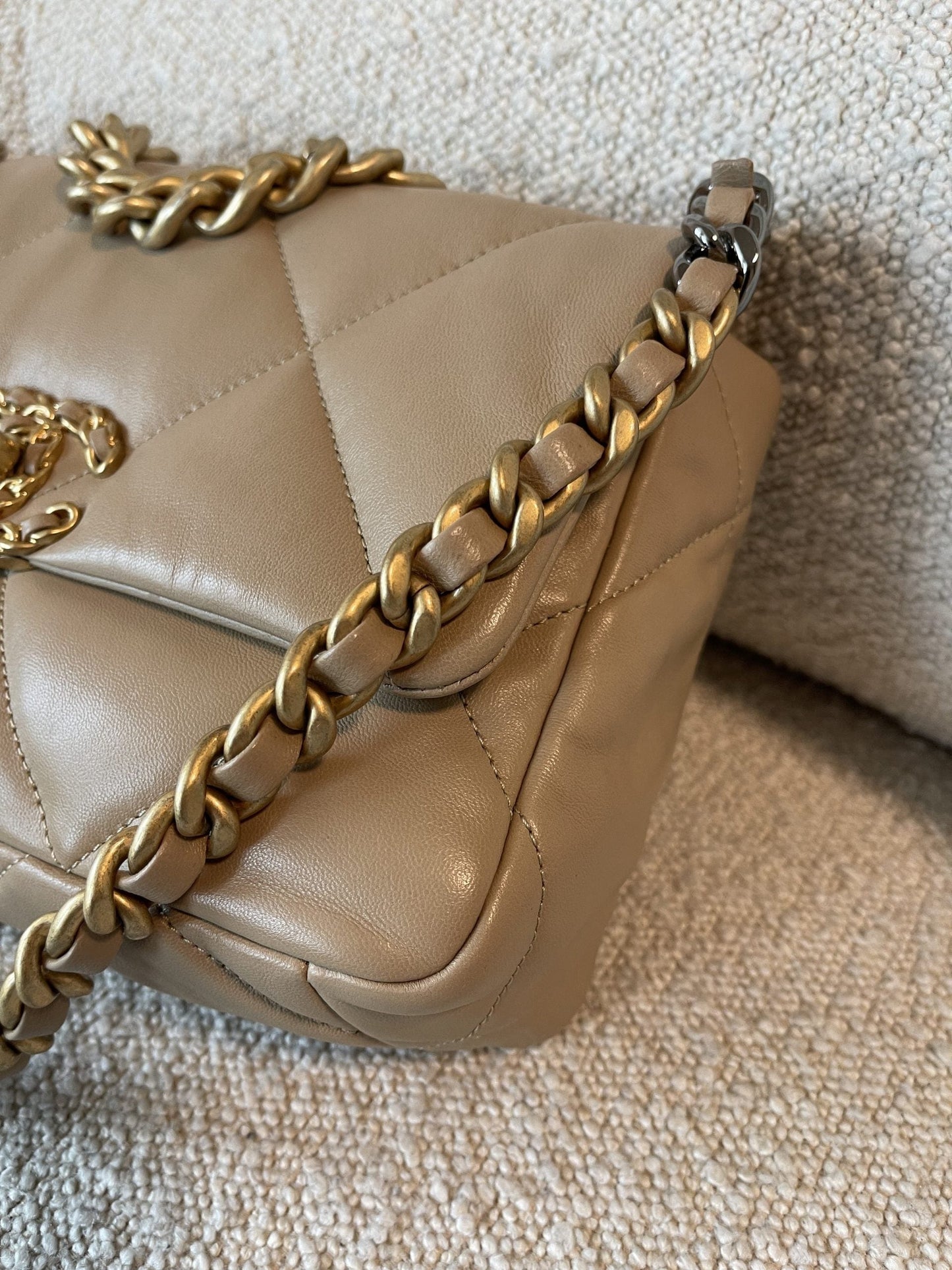 21S Beige Lambskin Quilted 19 Flap Small Mixed Hardware