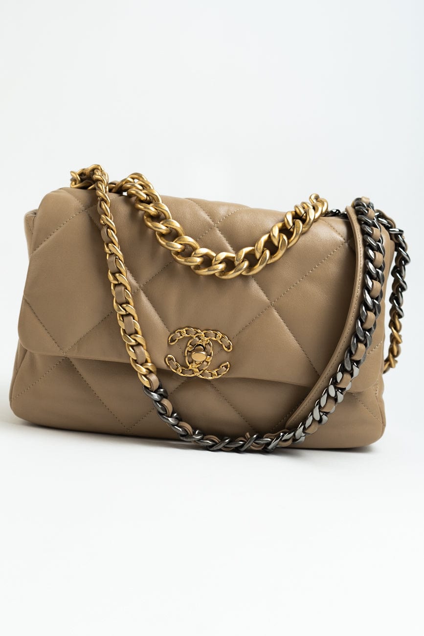 21S Large Beige/Gold Lambskin Quilted 19 Flap Mixed Hardware