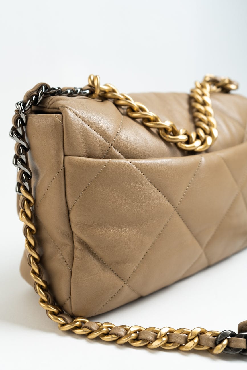 21S Large Beige/Gold Lambskin Quilted 19 Flap Mixed Hardware