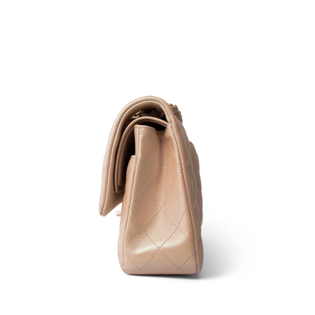 21S Pearly Beige Calfskin Quilted Classic Double Flap Light Gold Hardware