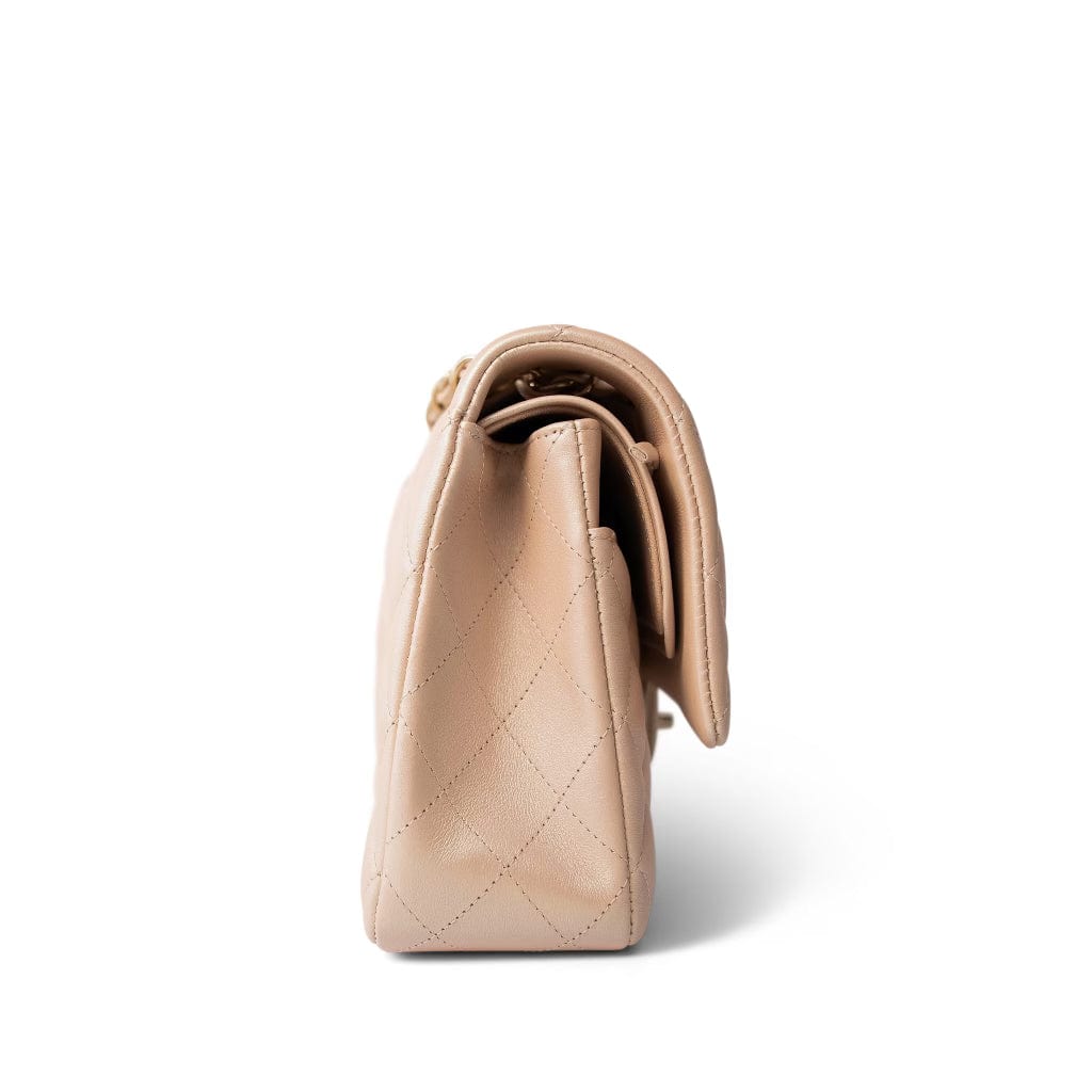 21S Pearly Beige Calfskin Quilted Classic Double Flap Light Gold Hardware