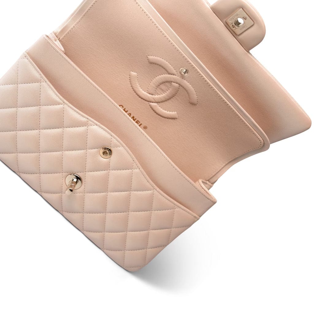 21S Pearly Beige Calfskin Quilted Classic Double Flap Light Gold Hardware