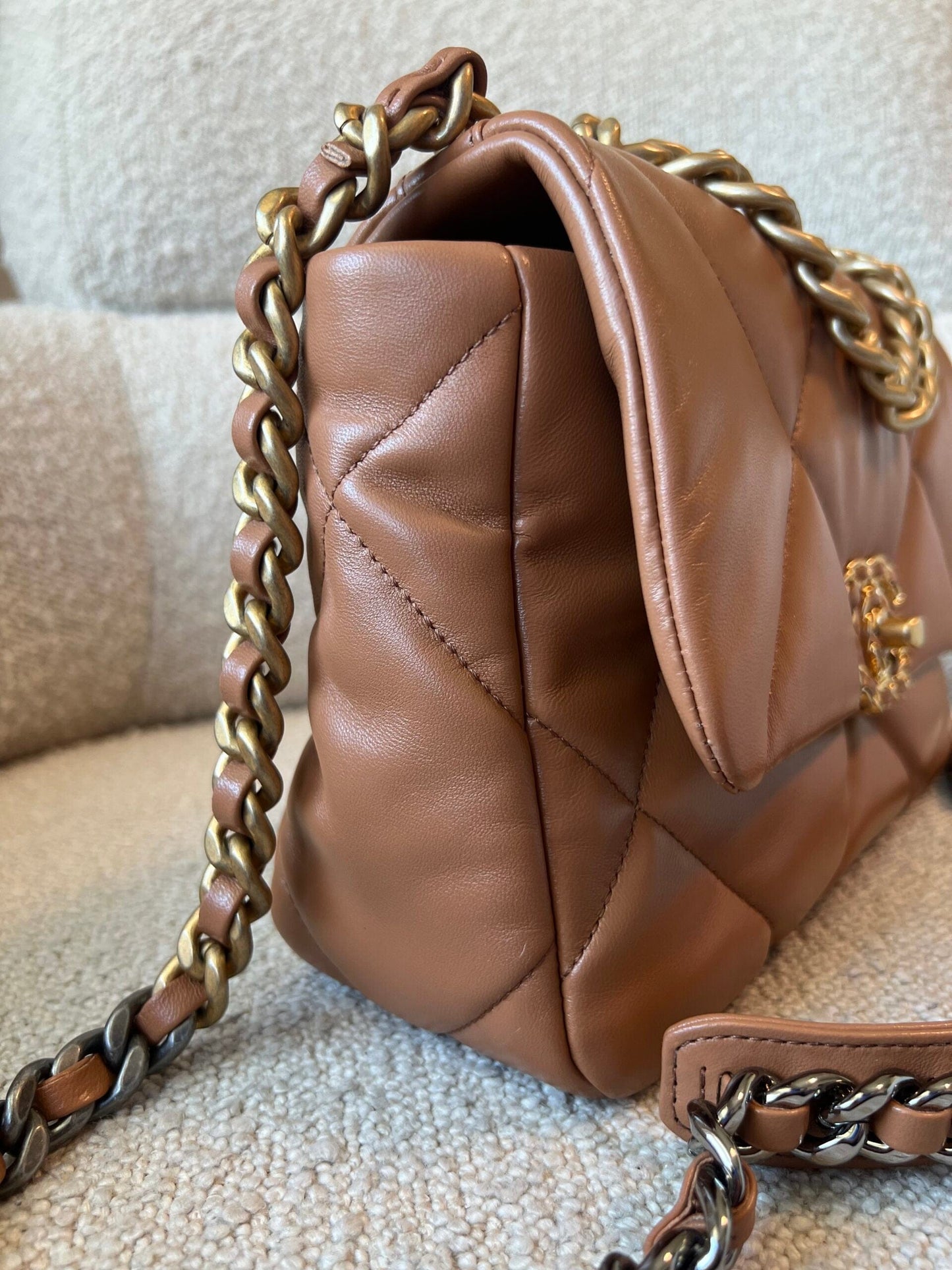 22A Caramel/Light Brown Lambskin Quilted 19 Flap Small Mixed Hardware