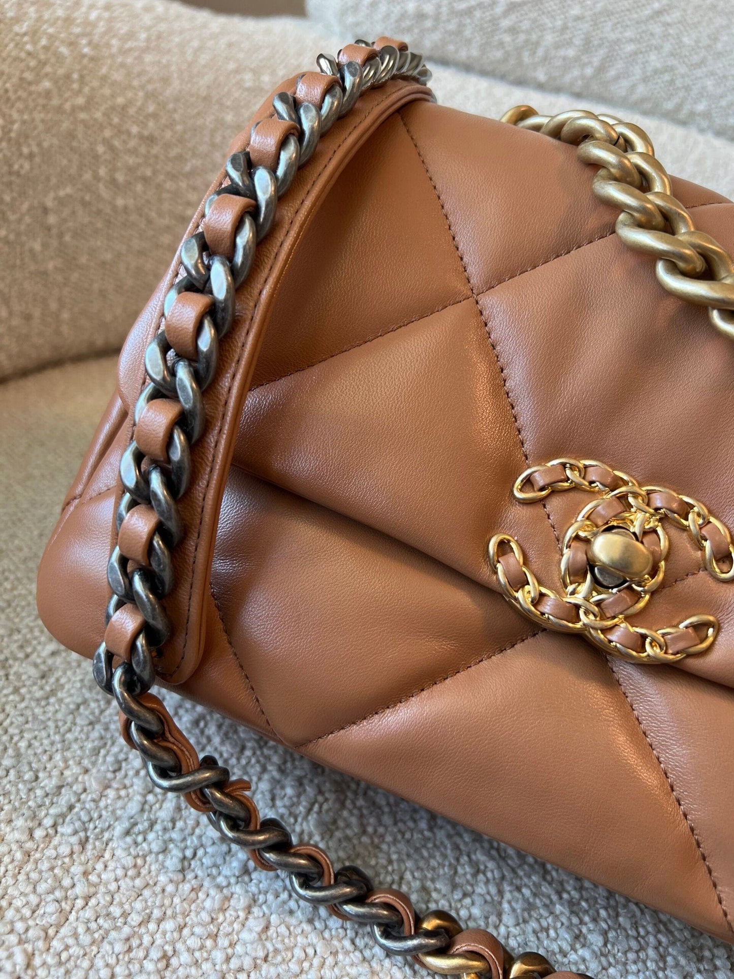 22A Caramel/Light Brown Lambskin Quilted 19 Flap Small Mixed Hardware