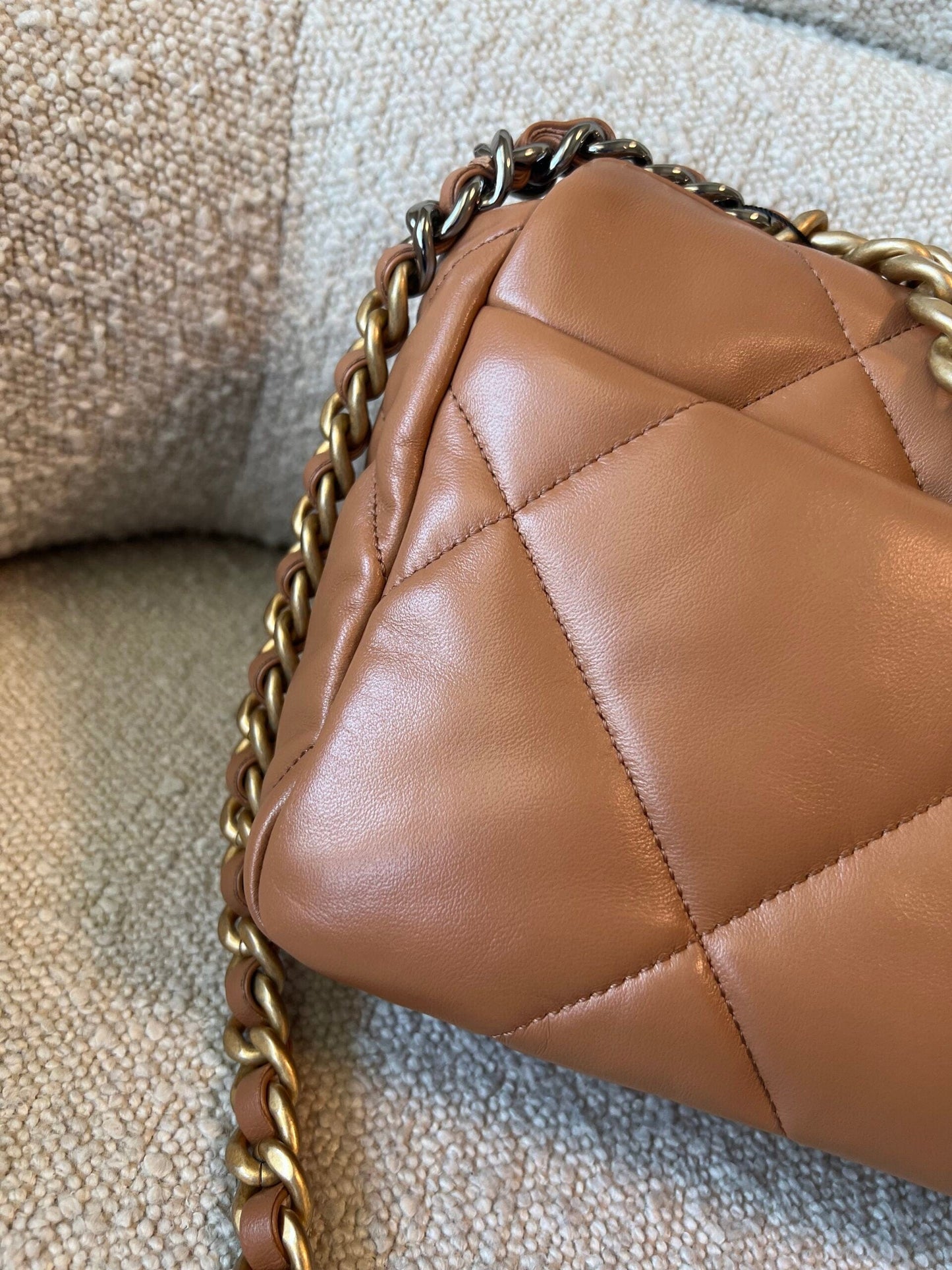 22A Caramel/Light Brown Lambskin Quilted 19 Flap Small Mixed Hardware