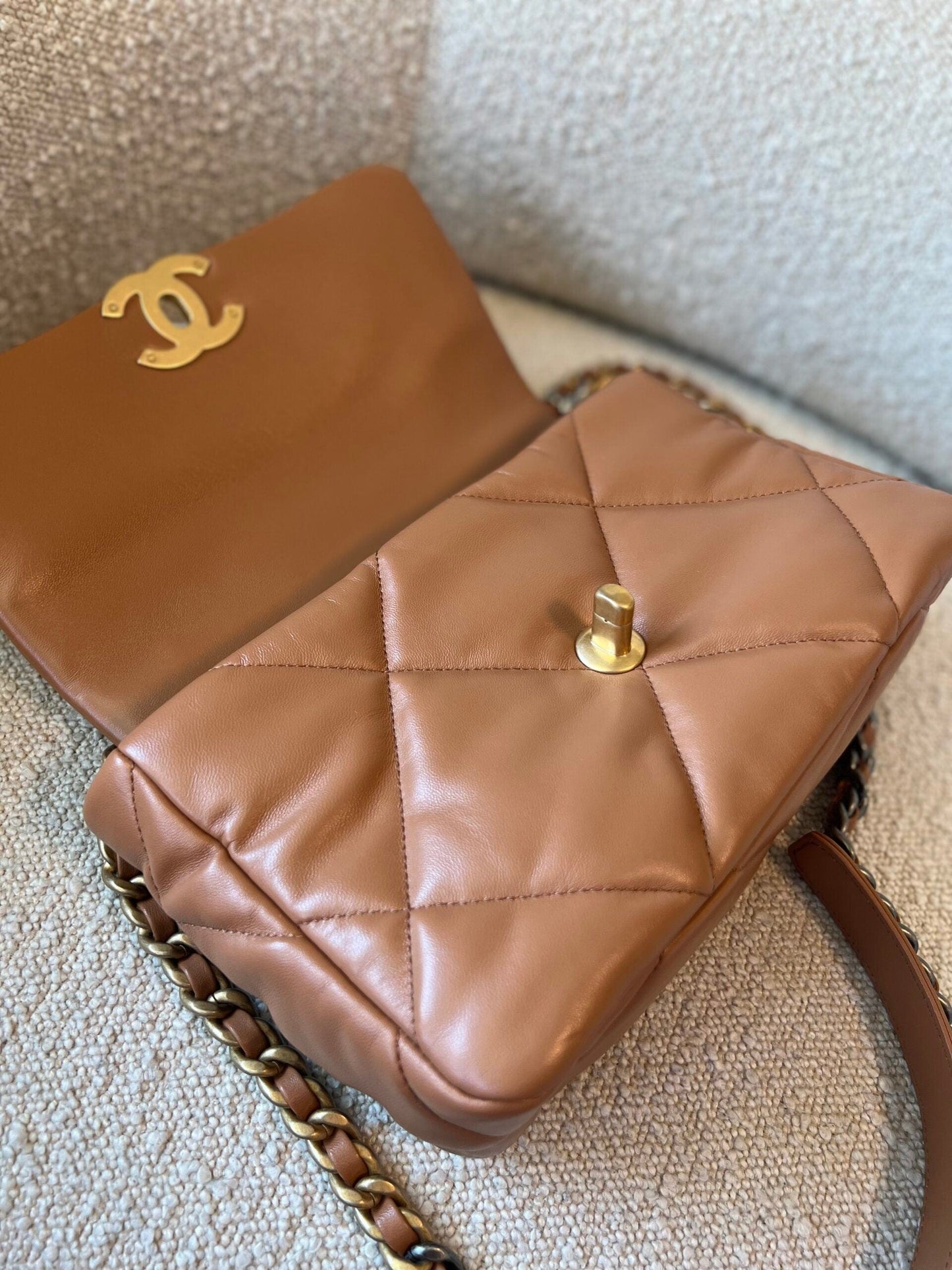 22A Caramel/Light Brown Lambskin Quilted 19 Flap Small Mixed Hardware