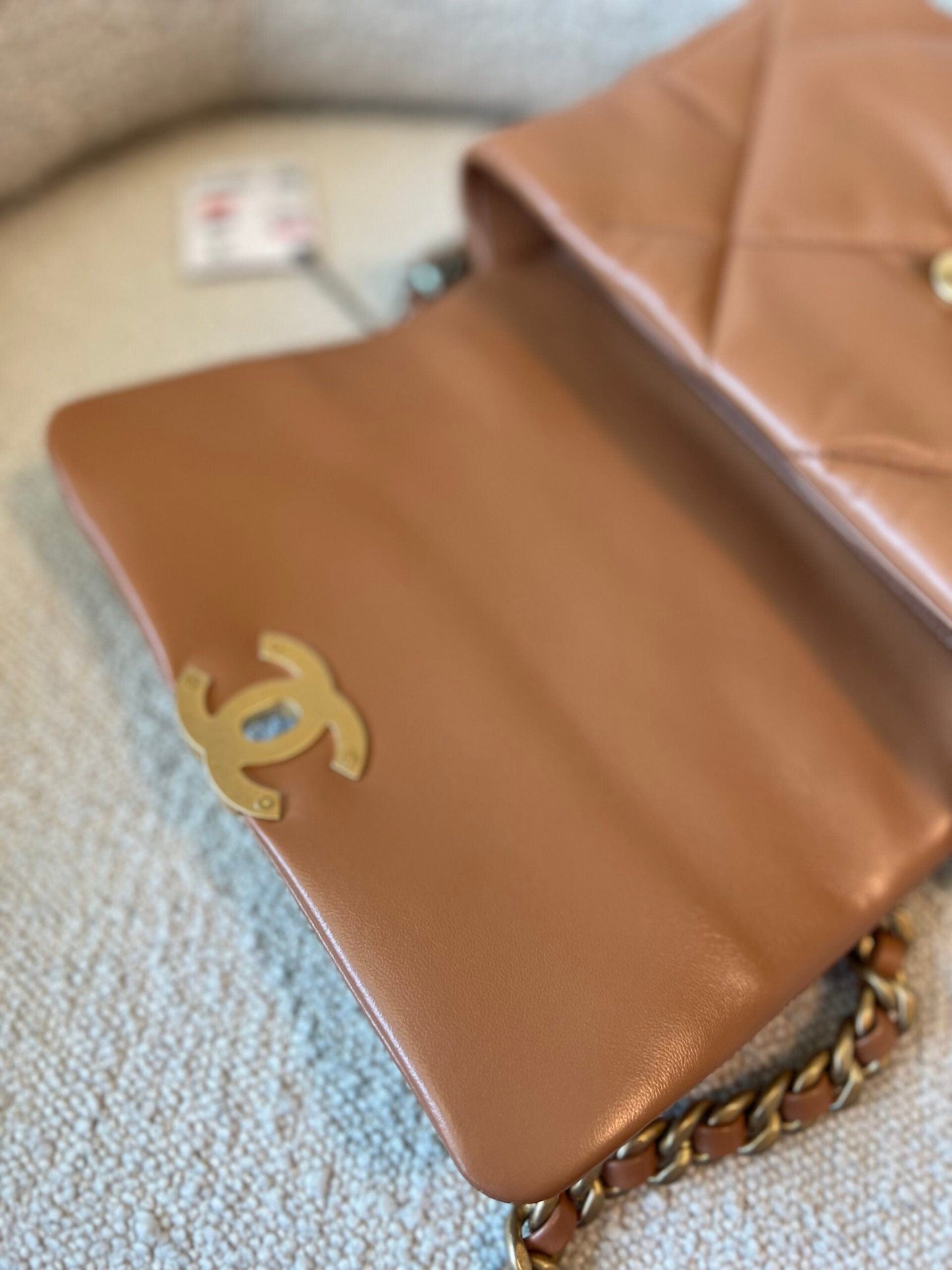 22A Caramel/Light Brown Lambskin Quilted 19 Flap Small Mixed Hardware