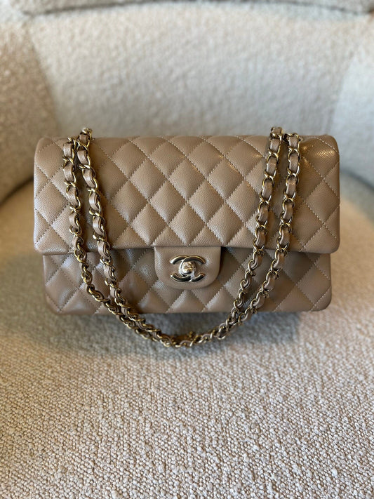 22A Dark Beige Caviar Quilted Classic Flap Medium LGHW