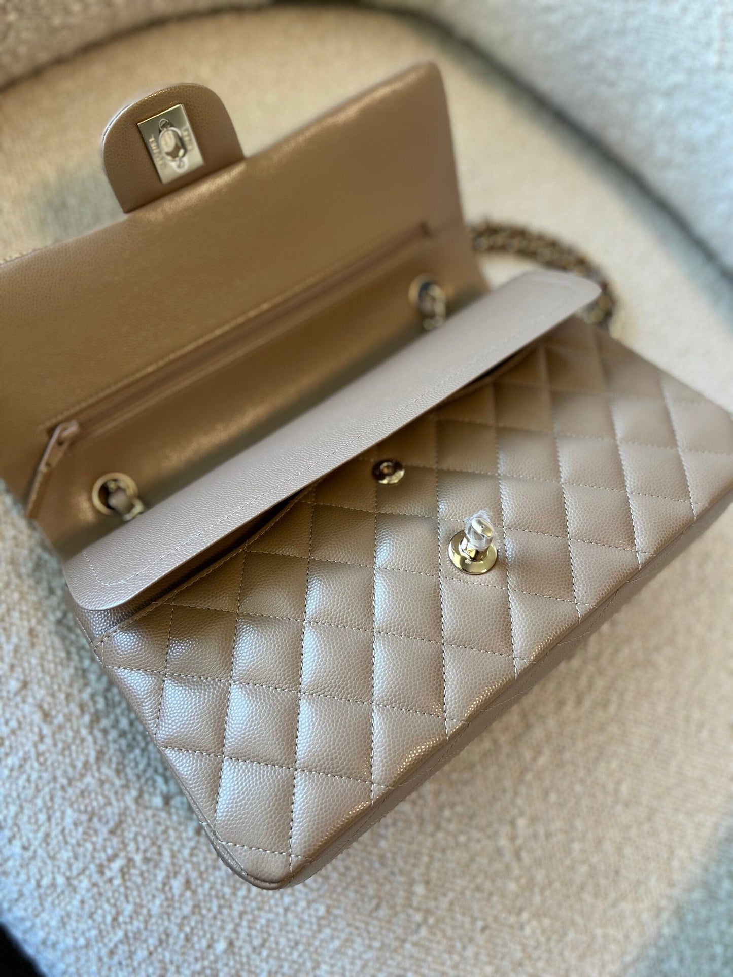 22A Dark Beige Caviar Quilted Classic Flap Medium LGHW
