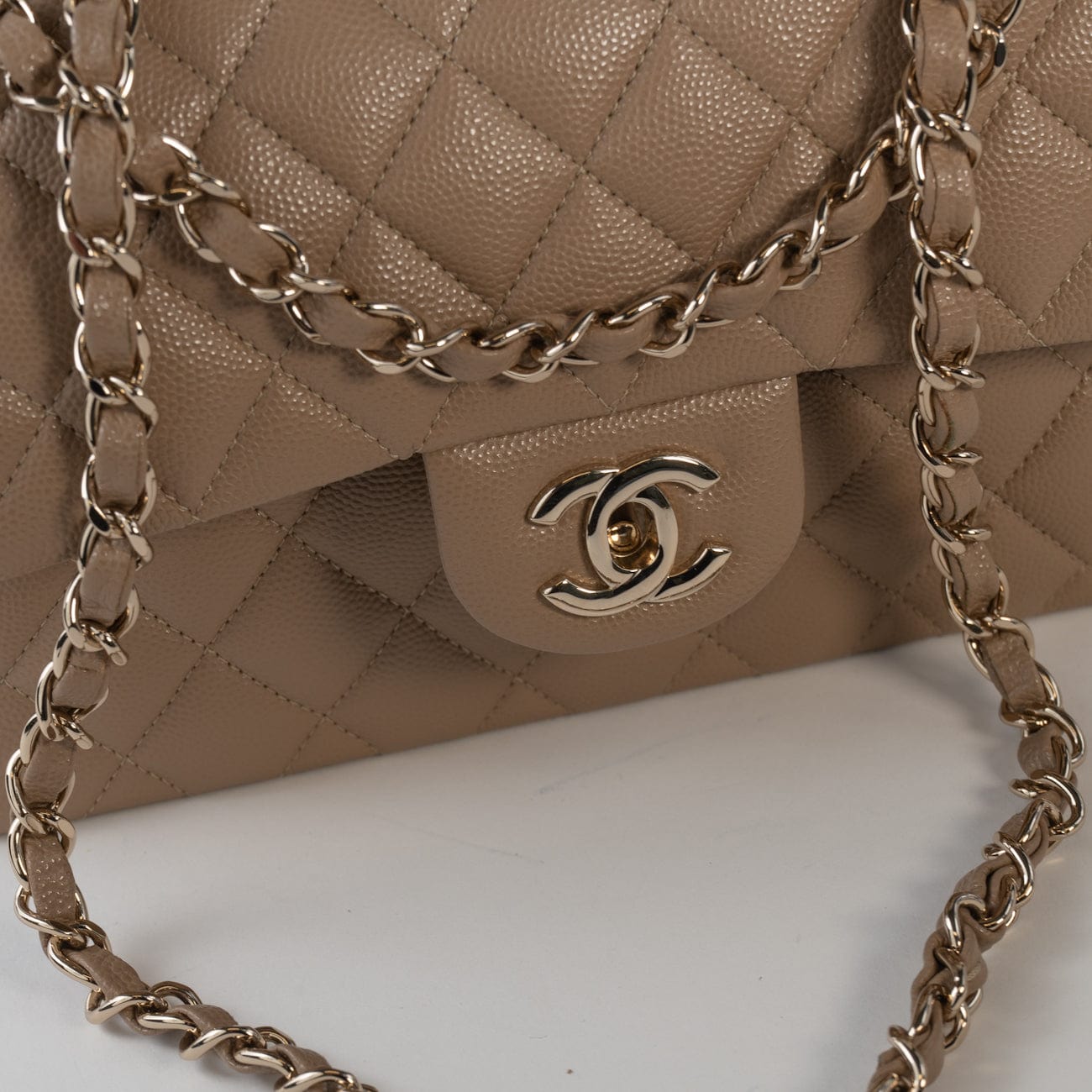 22A Dark Beige Caviar Quilted Classic Flap Small with Light Gold Hardware
