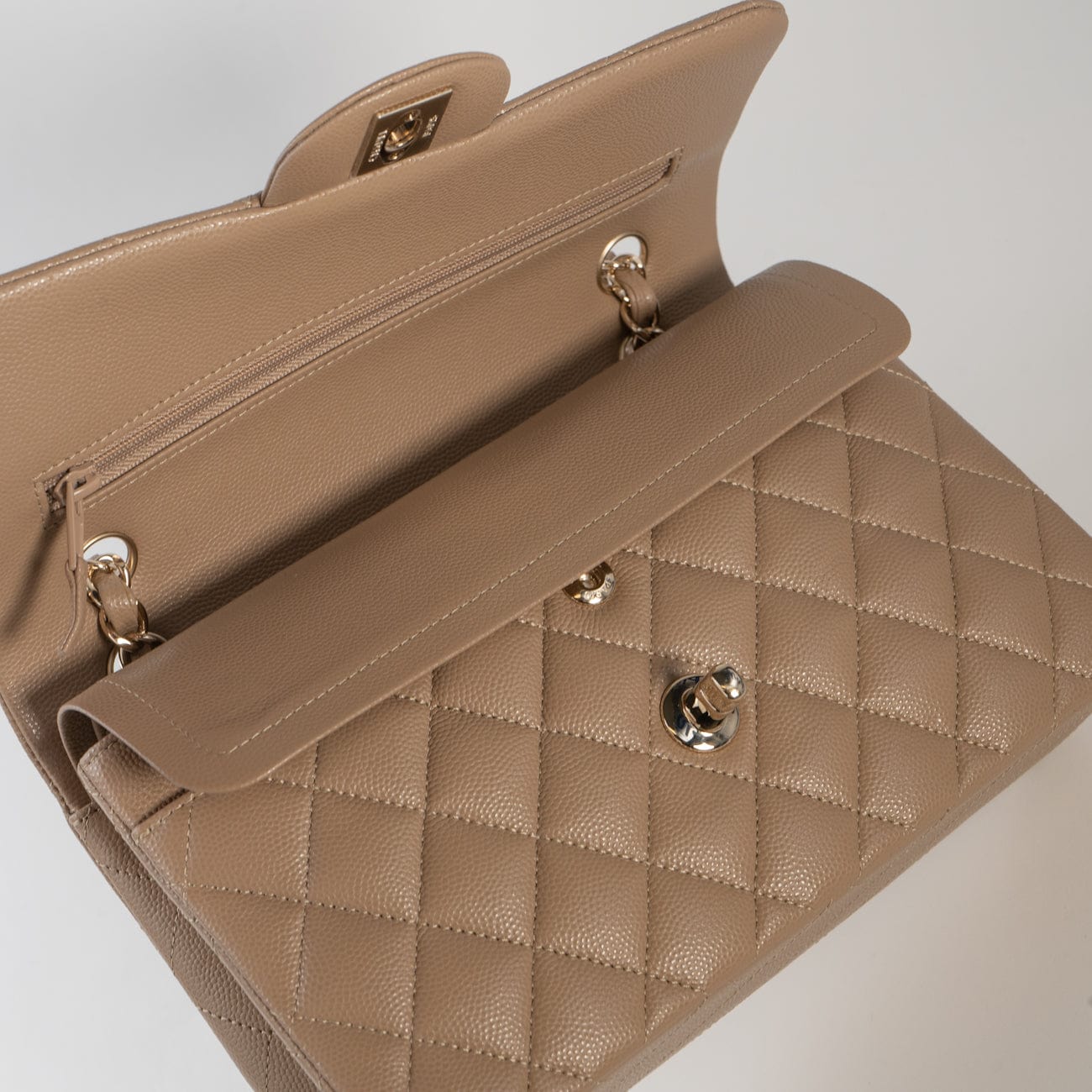 22A Dark Beige Caviar Quilted Classic Flap Small with Light Gold Hardware