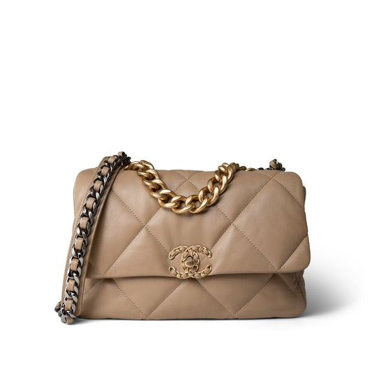 21S Dark Beige Lambskin Quilted 19 Flap Medium/Large