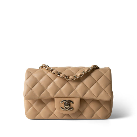 22C Beige Lambskin Quilted Mini Rectangular Quilted Flap Bag