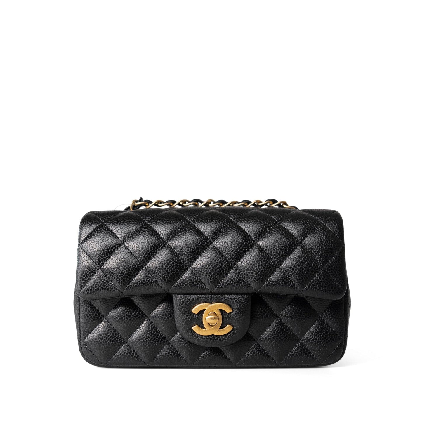 16C Black Caviar Quilted Mini Rectangular Single Flap Antique Gold Hardware