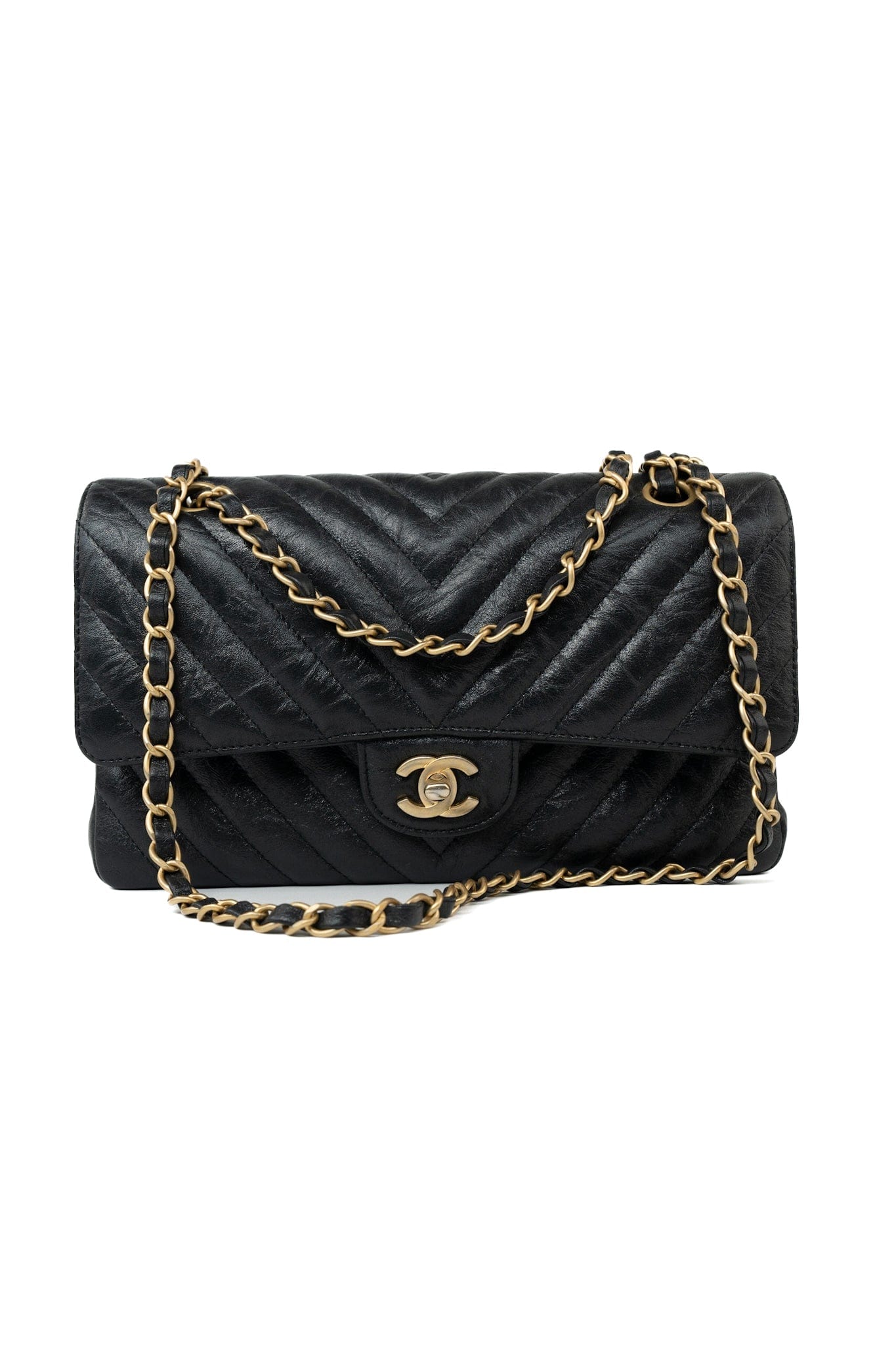 18B Metallic Black Crumpled Calfskin Chevron Classic Flap Medium Aged Gold Hardware
