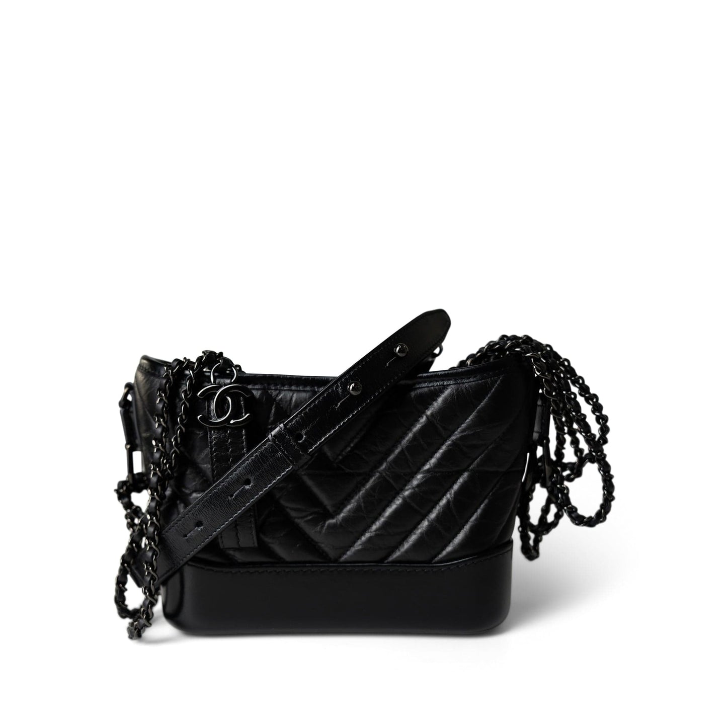 19B So Black Aged Calfskin Chevron Small Hobo Gabrielle Bag