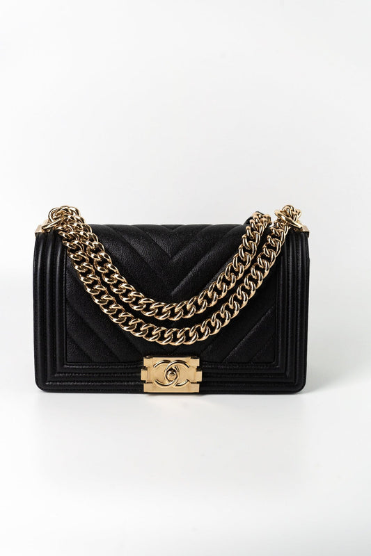 19S Shiny Black Caviar Chevron Boy Bag Medium Champagne Gold Hardware