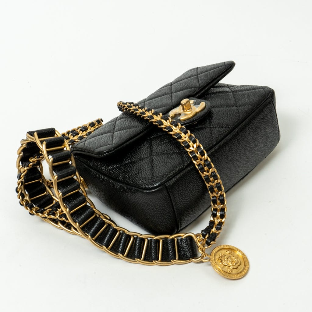 21A Black Caviar Quilted Mini Medallion Single Flap AGHW