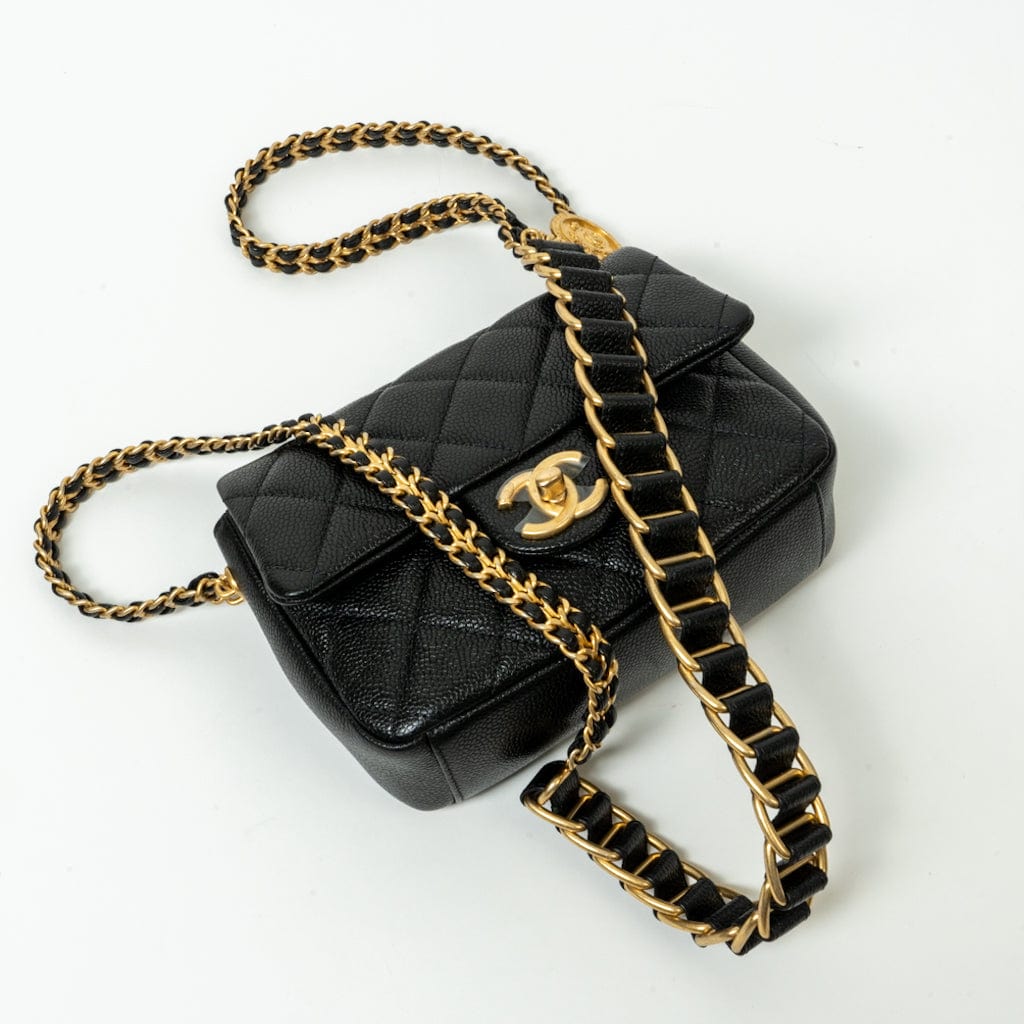 21A Black Caviar Quilted Mini Medallion Single Flap AGHW