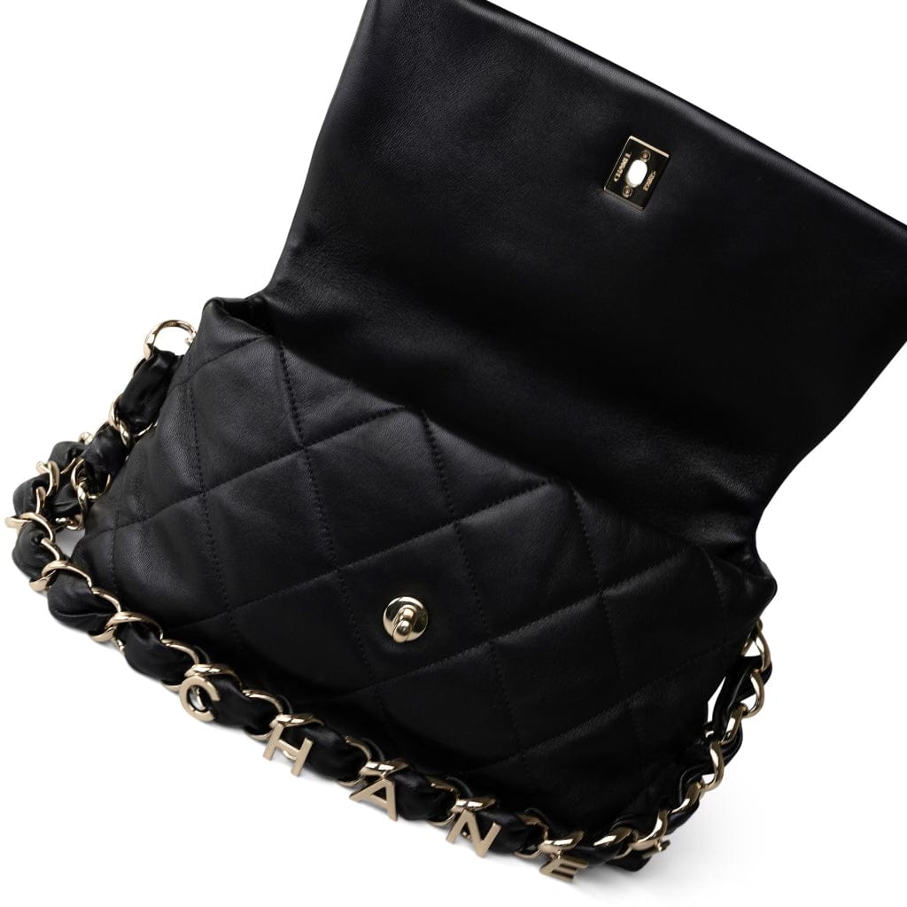 21C Black Lambskin Quilted Chanel Chain Single Flap Shoulder Bag Light Gold Hardware