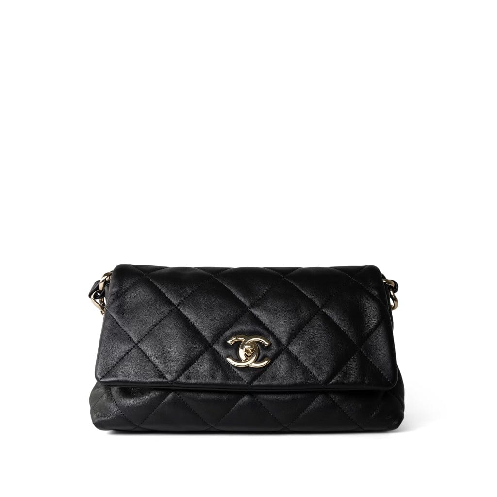 21C Black Lambskin Quilted Chanel Chain Single Flap Shoulder Bag Light Gold Hardware
