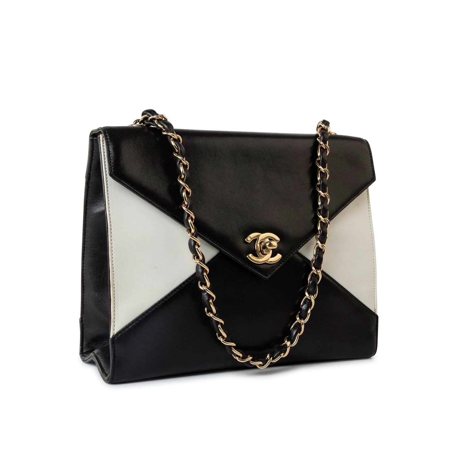 Vintage Black and White Lambskin Envelope Shoulder Bag Gold Hardware