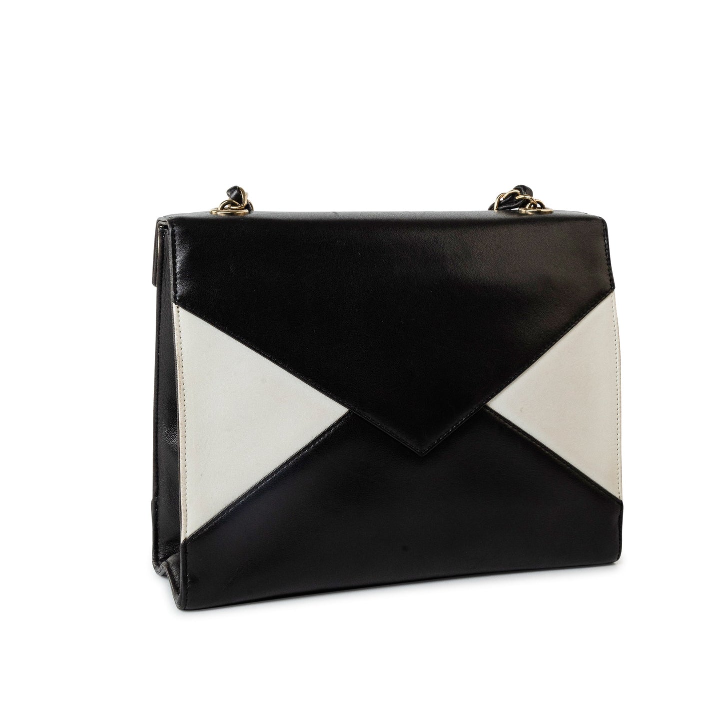Vintage Black and White Lambskin Envelope Shoulder Bag Gold Hardware
