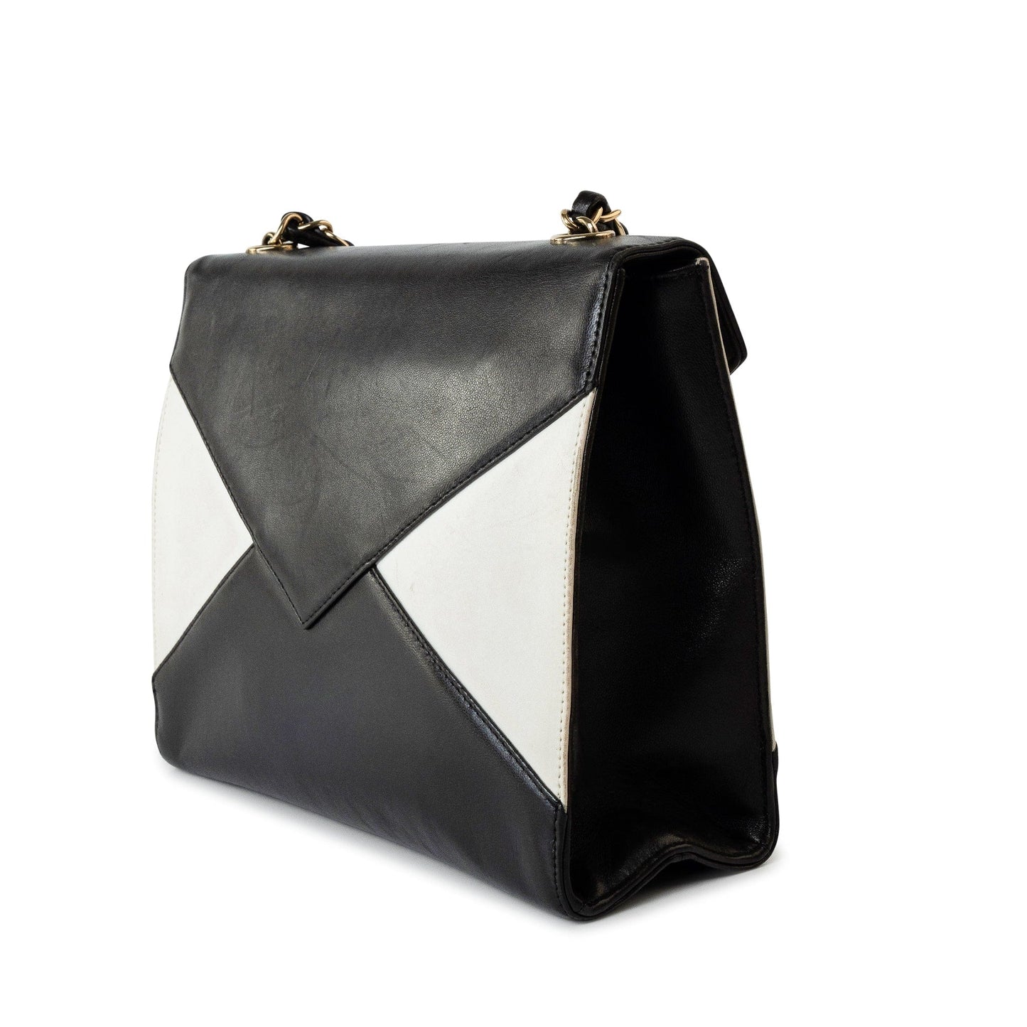 Vintage Black and White Lambskin Envelope Shoulder Bag Gold Hardware