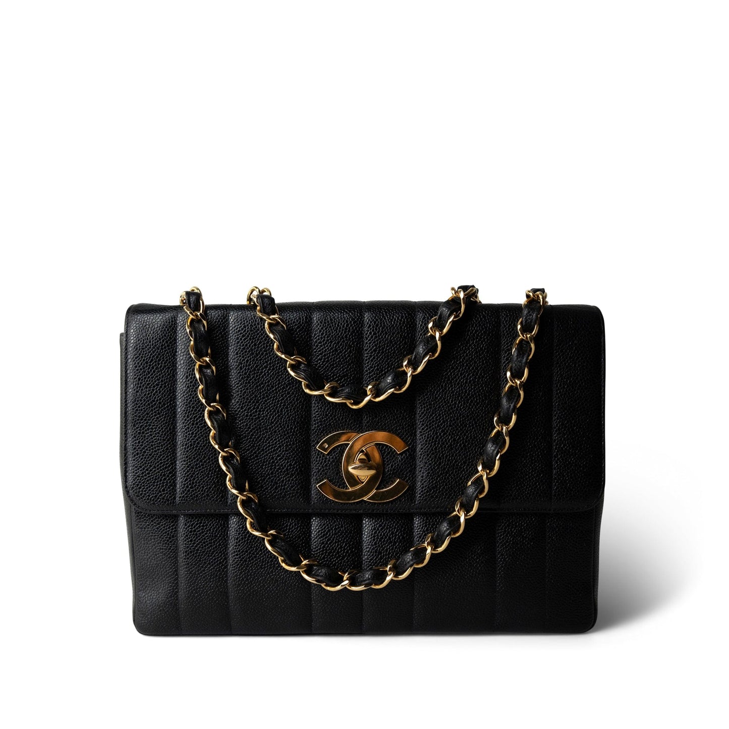 Vintage Mademoiselle Black Caviar Vertical Flap Jumbo Gold Hardware