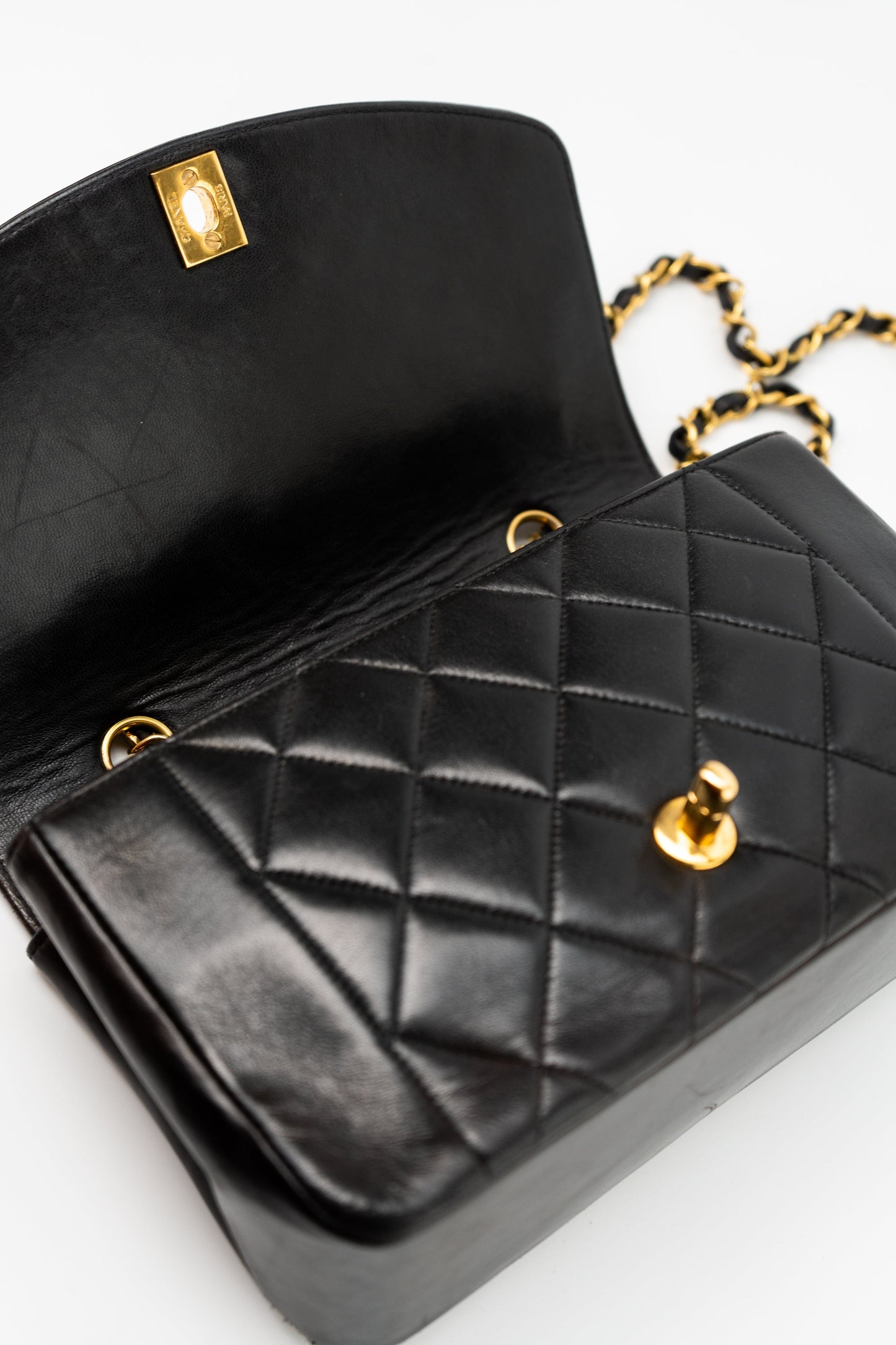 Vintage Small Black Lambskin Quilted Diana Flap GHW