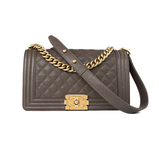 18A Taupe/ Khaki Brown Caviar Quilted Old Medium Boy Bag Antique Gold Hardware