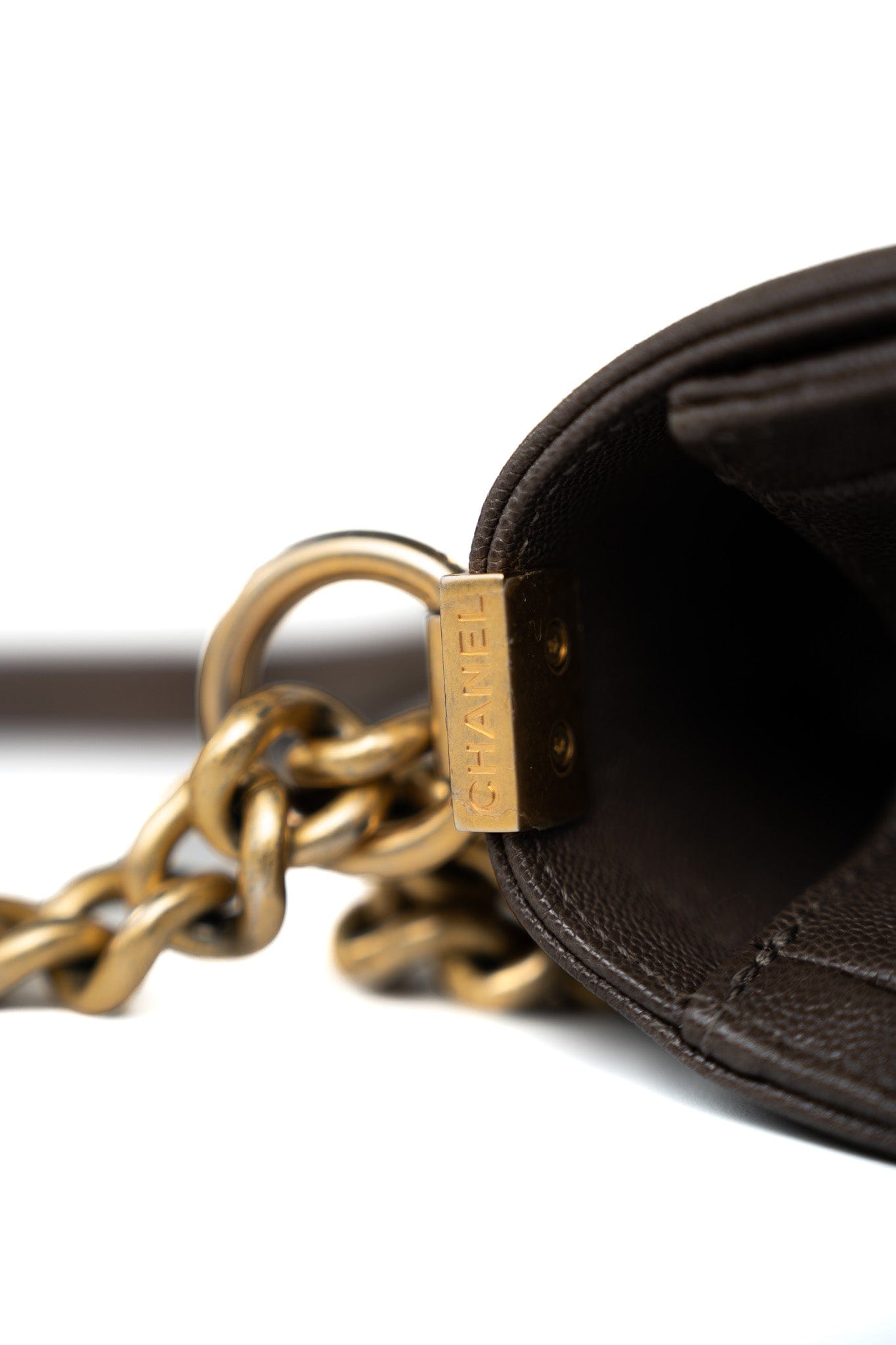 18A Taupe/ Khaki Brown Caviar Quilted Old Medium Boy Bag Antique Gold Hardware