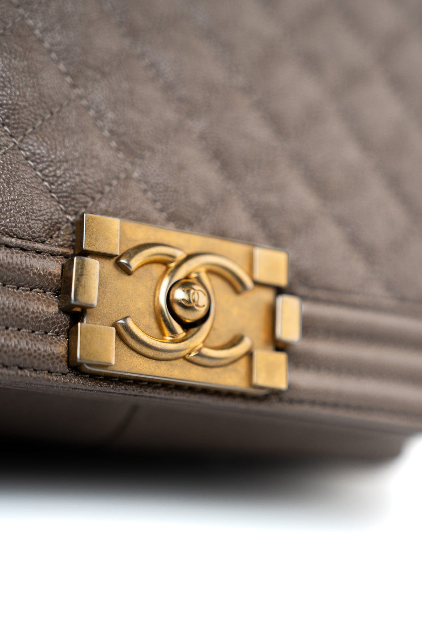 18A Taupe/ Khaki Brown Caviar Quilted Old Medium Boy Bag Antique Gold Hardware