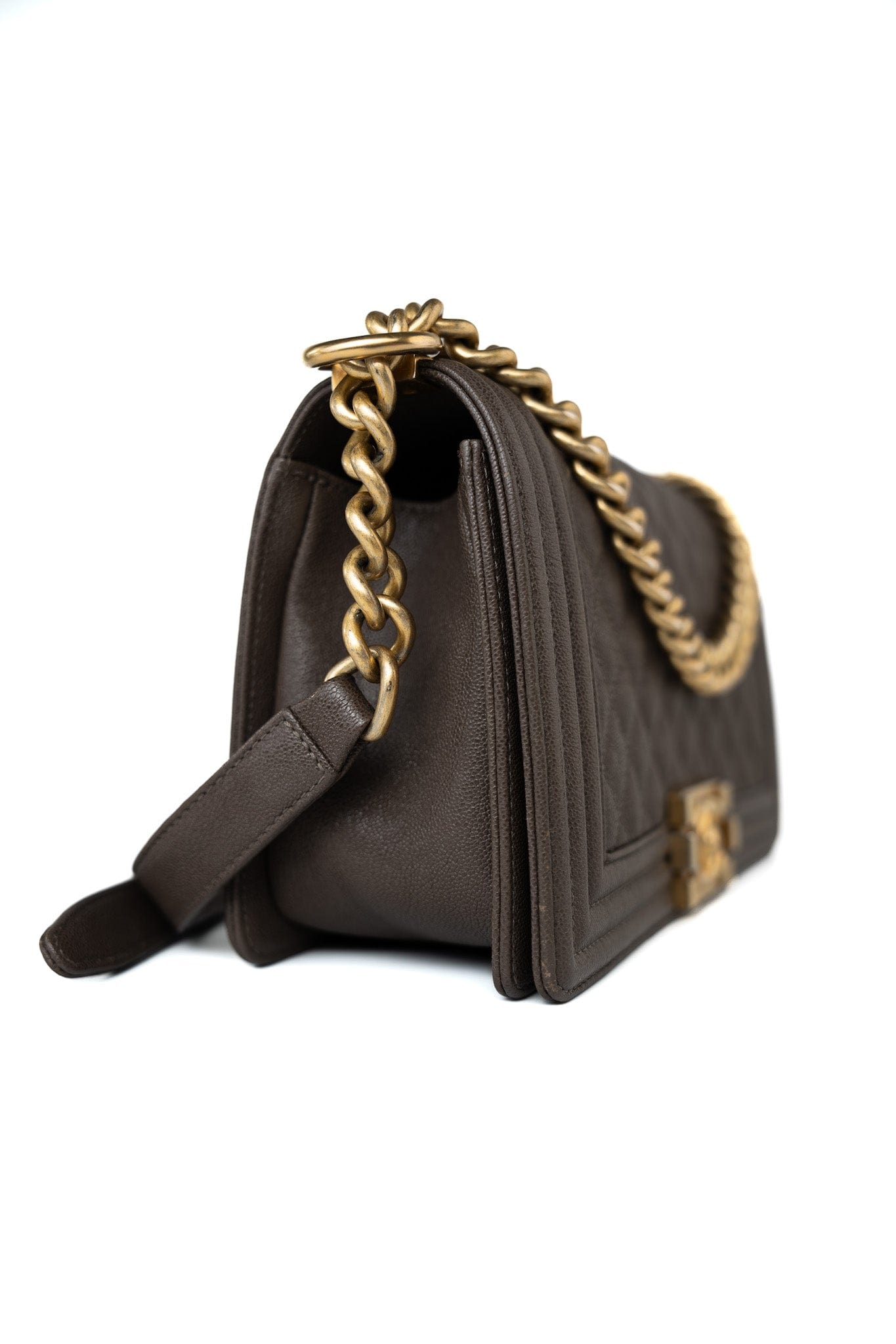 18A Taupe/ Khaki Brown Caviar Quilted Old Medium Boy Bag Antique Gold Hardware