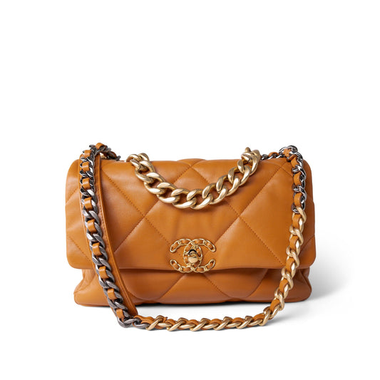 21A Light Brown Lambskin Quilted Medium/Large 19 Flap Mixed Hardware