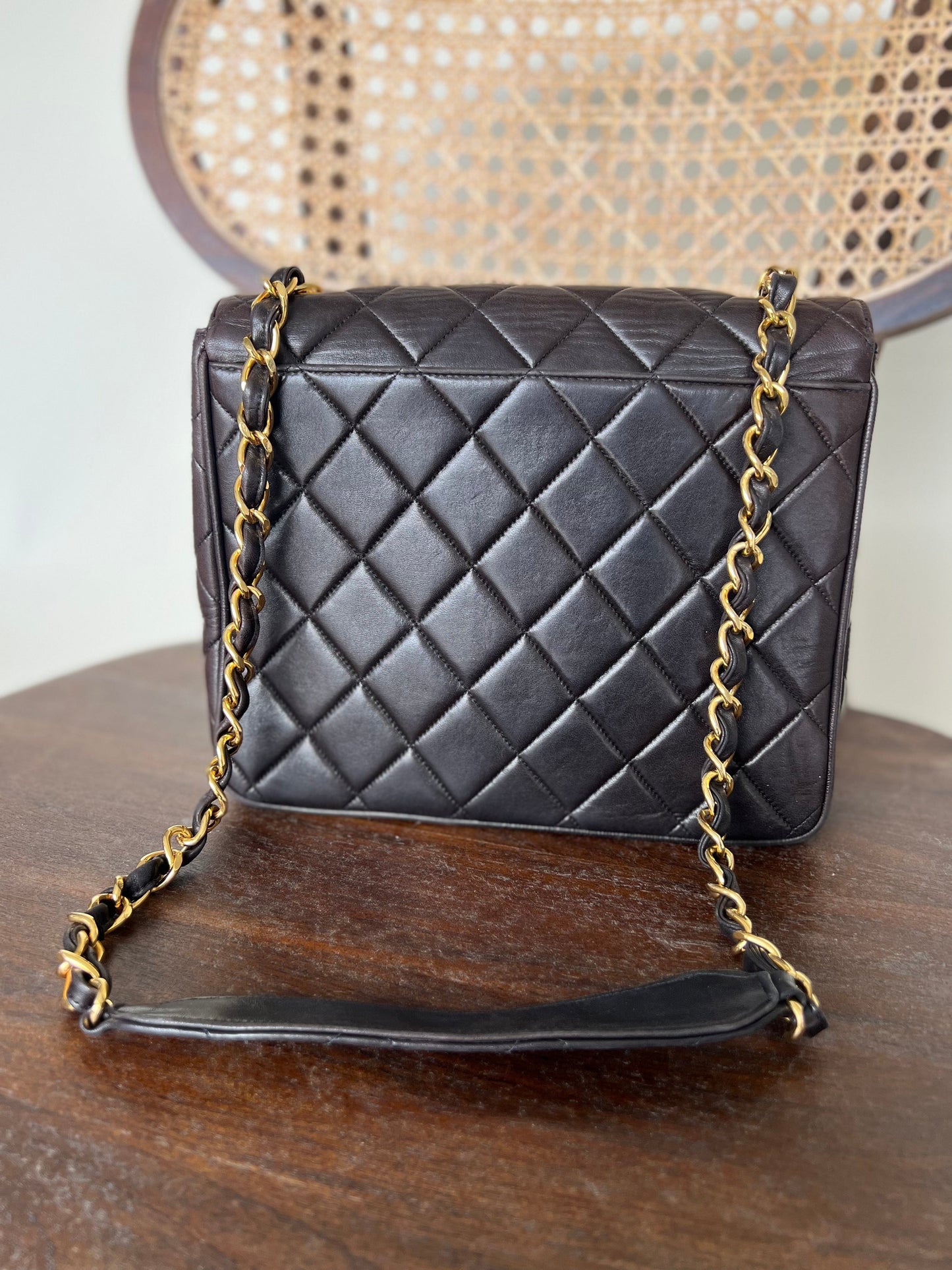 Vintage Black / Dark Brown Lambskin Quilted Square CC Flap GHW