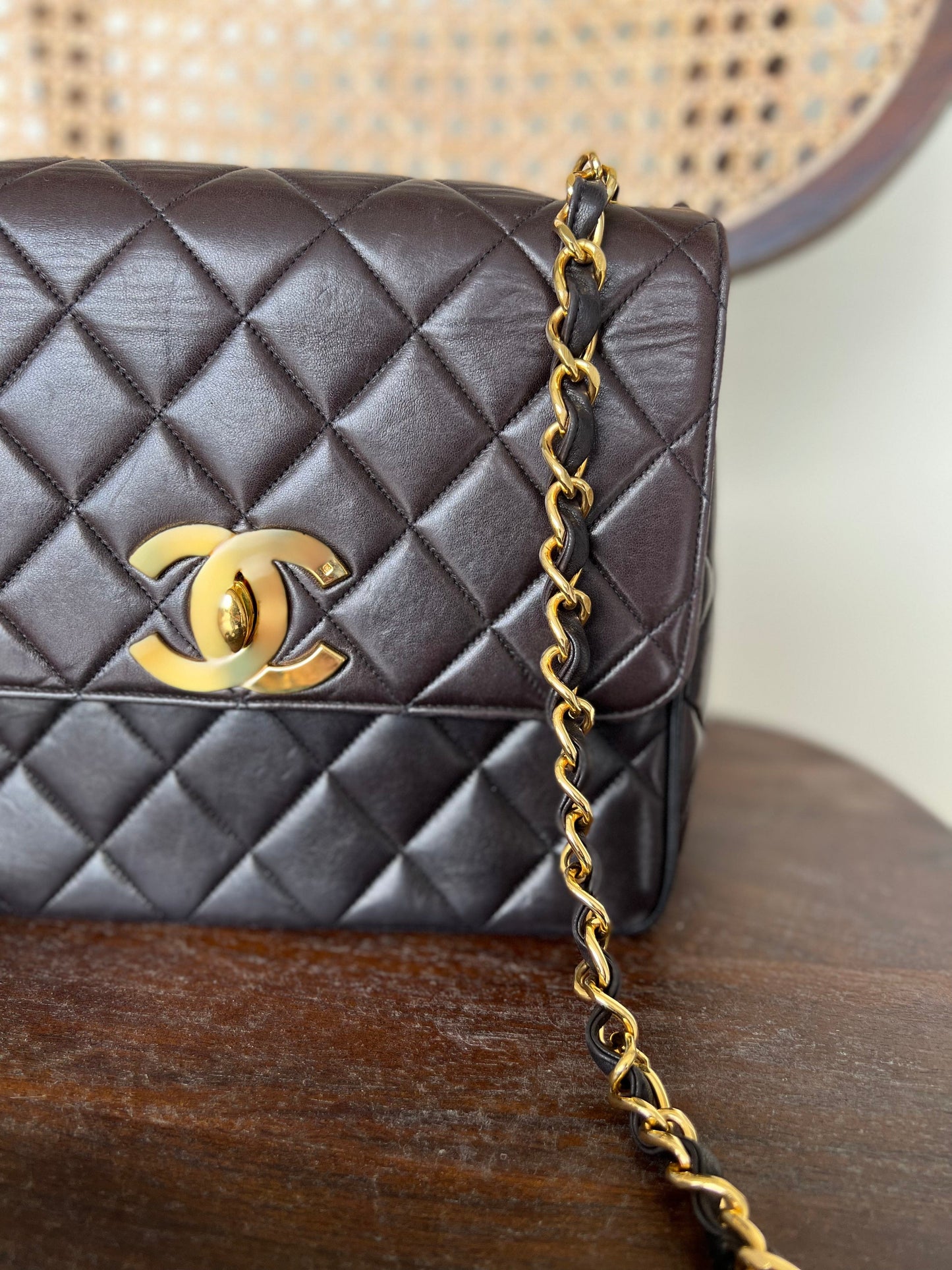 Vintage Black / Dark Brown Lambskin Quilted Square CC Flap GHW