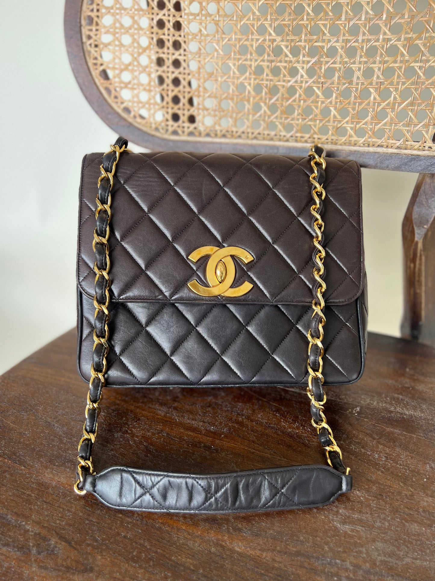 Vintage Black / Dark Brown Lambskin Quilted Square CC Flap GHW