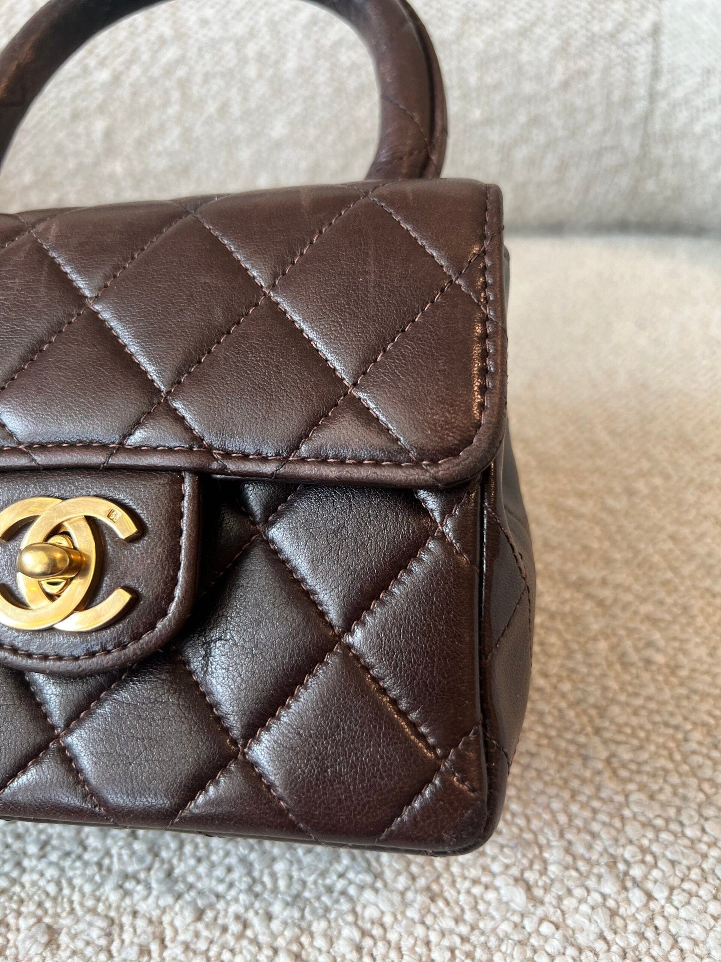 Vintage Brown Lambskin Quilted Micro Mini Kelly with Top Handle GHW