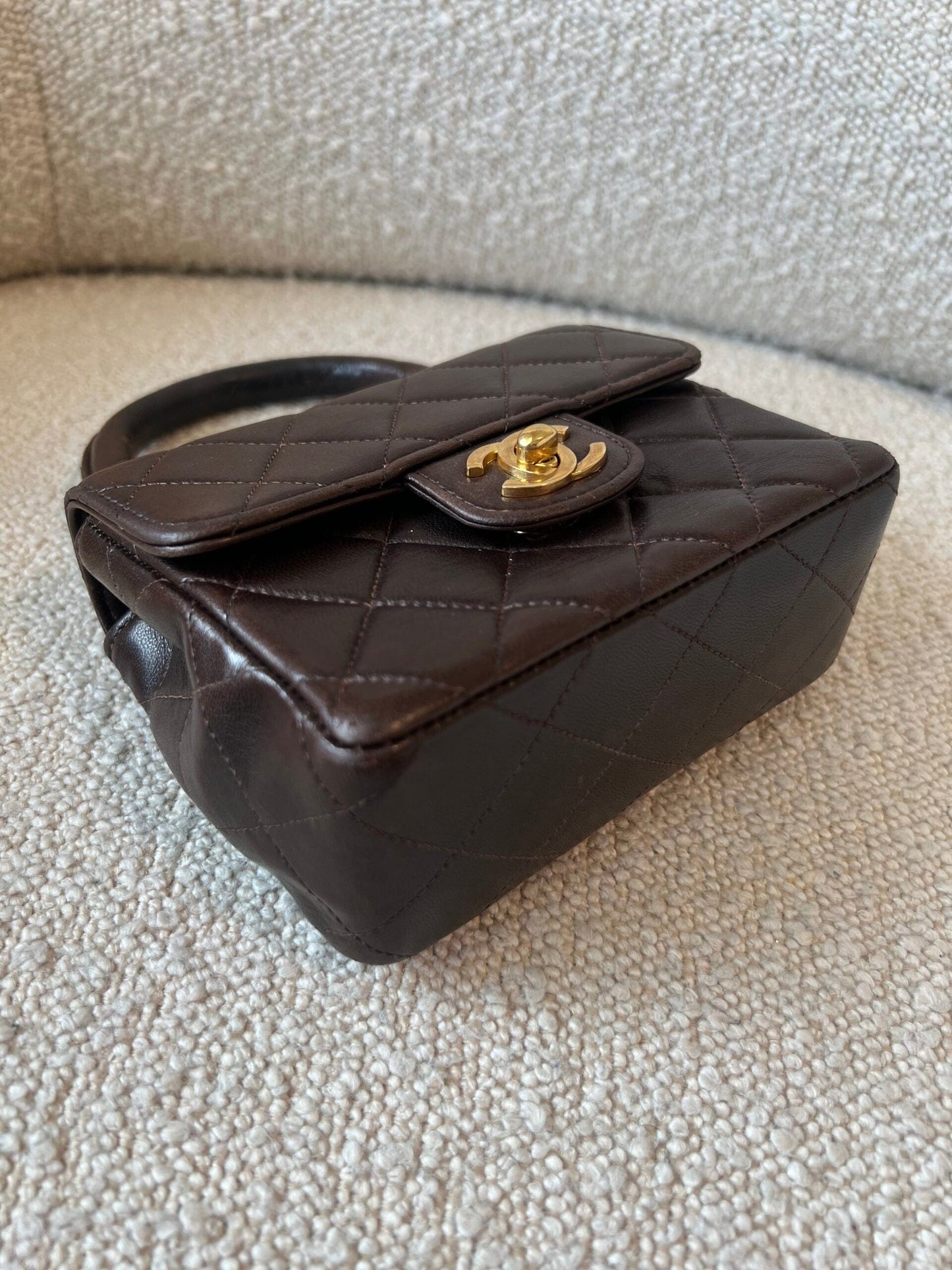 Vintage Brown Lambskin Quilted Micro Mini Kelly with Top Handle GHW